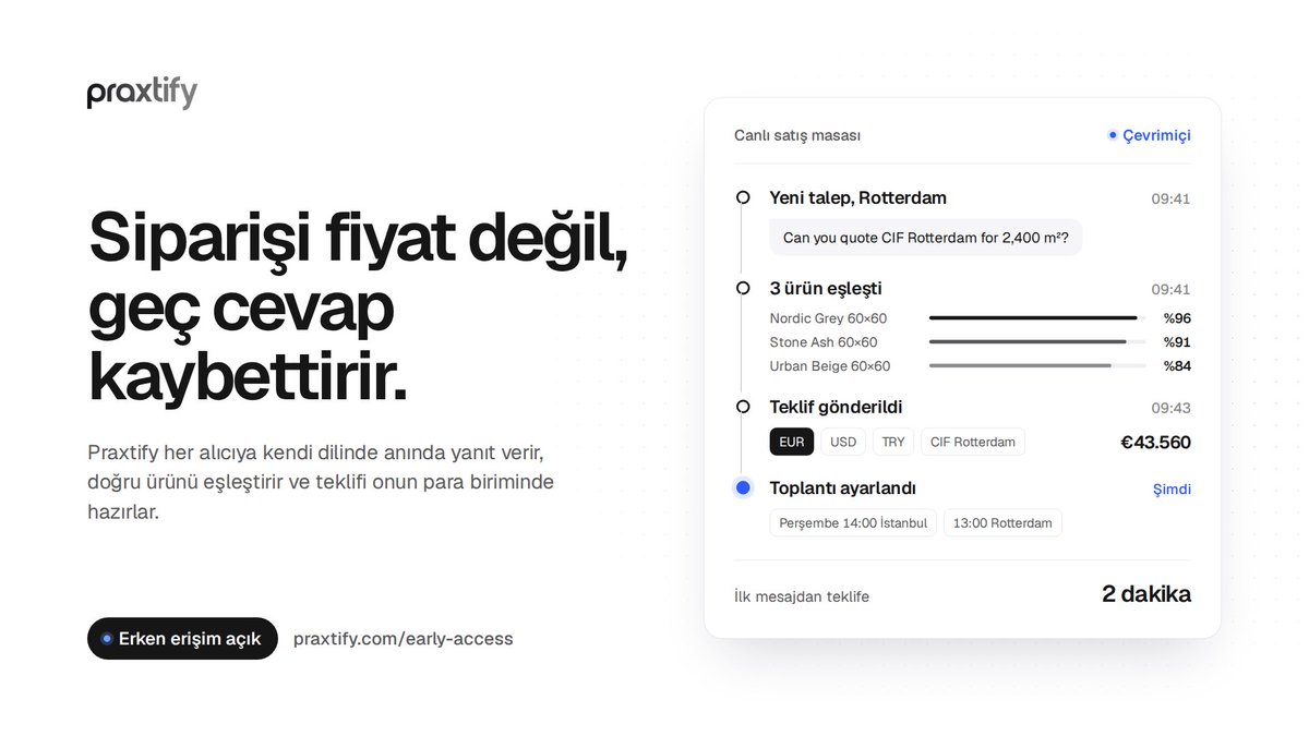 justgunduz's tweet photo. Bir ihracatçının en pahalı cümlesi: "Yarın dönerim."

Alıcı yarını beklemiyor. O yüzden Praxtify'ı kuruyoruz: siteye yazan her alıcıyı kendi dilinde karşılıyor, kataloğunuzdan doğru ürünü buluyor, teklifi onun para biriminde hazırlıyor ve cevapsız kalan teklifleri size hatırlatıyor.

Erken erişimi açtık, ekipleri küçük gruplar halinde alıyoruz. Erken gelenlere lansmanda kurucu avantajı var.

#ihracat #export #B2B #satış #yapayzeka