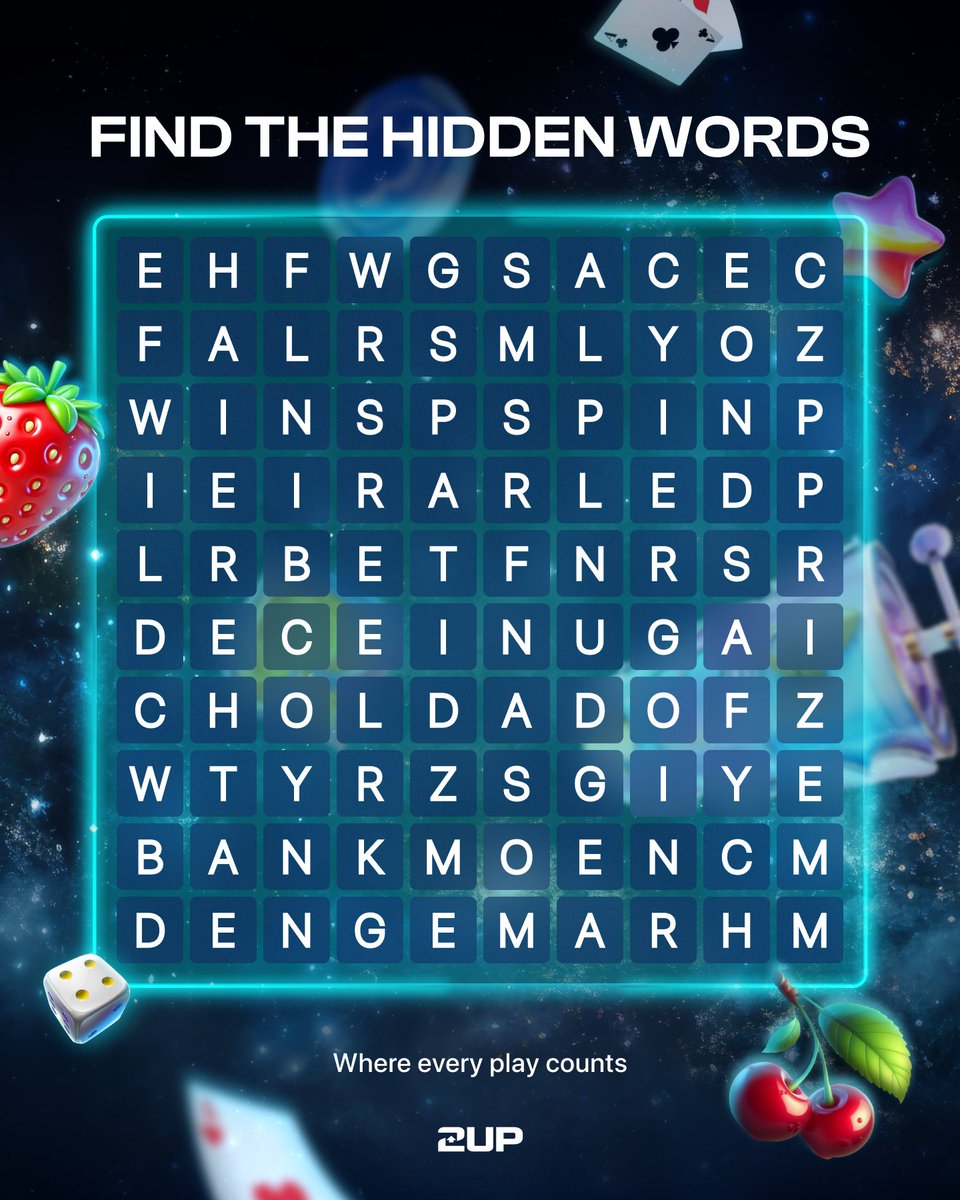 play2upio's tweet photo. 🏆 Find the words. Win the prize.

5 hidden words are waiting to be found. Ready? Go. 🔍

Follow @play2upio + tag 3 gambling bros + RT + like + drop your user

One people will be randomly selected. Only ONE answer will be accepted.

⚠️ Withdrawls are subject to terms and conditions.