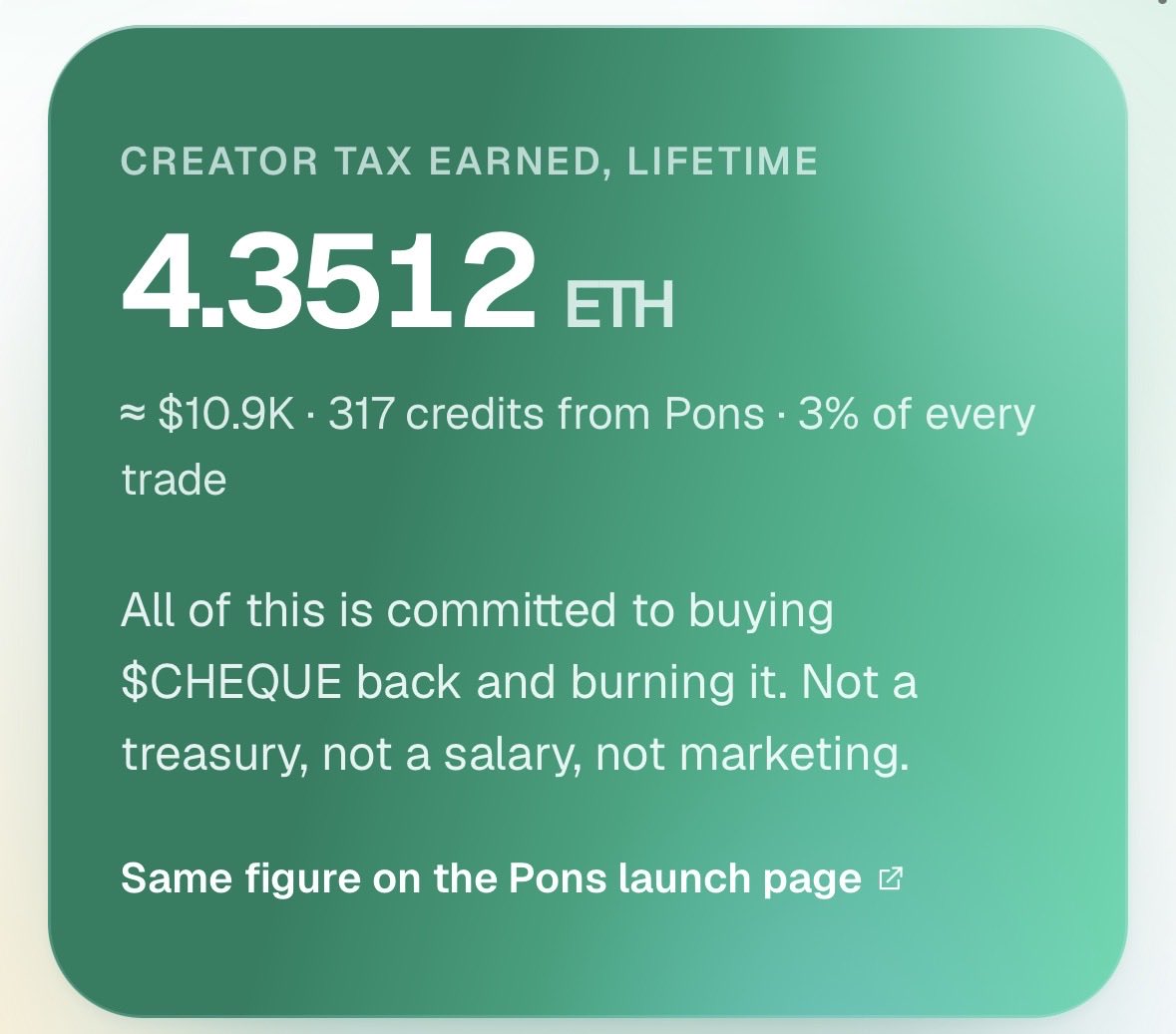 chequeapp's tweet photo. Buyback and burn

Every trade of $CHEQUE pays a creator tax. 

All of it buys $CHEQUE back and burns it every 24hrs. https://t.co/veoHz0n28g