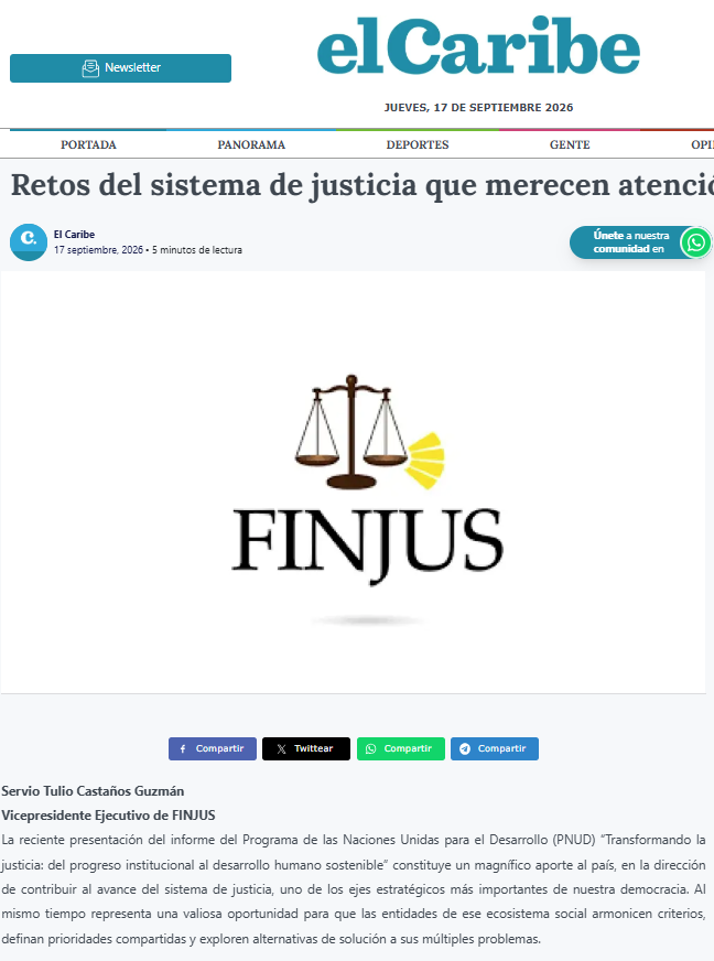 finjusrd's tweet photo. Les invitamos a leer los artículos publicados periódicamente para El Caribe. En esta ocasión, con el título " Retos del sistema de justicia que merecen atención prioritaria¨.
Servio Tulio Castaños Guzmán
Vicepresidente Ejecutivo de FINJUS.
https://t.co/1MxHjQRjUg https://t.co/R7JLIeC7nS