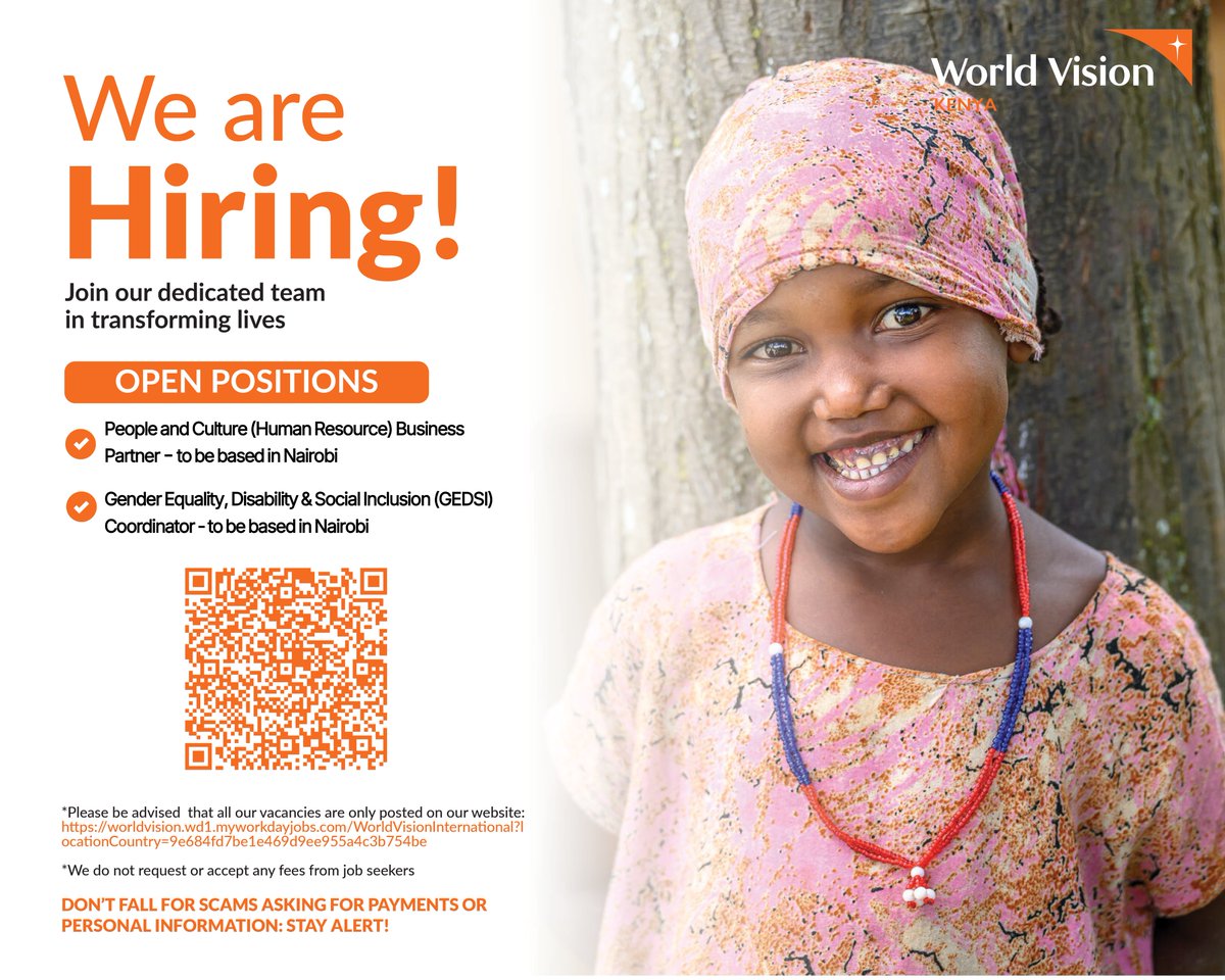 WorldVisionKE's tweet photo. We're looking for passionate individuals committed to making an impact in children's lives.

If you're ready to create a brighter, safer future for our children, we want to hear from you!

Apply today via this link: https://t.co/olVhCFOBEy

#IkoKaziKE https://t.co/jjFagZeNDZ