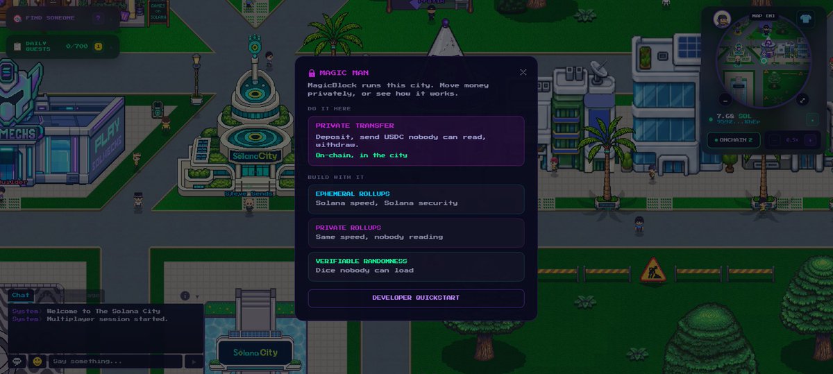 PlaySolCity's tweet photo. Solana City runs entirely onchain via @magicblock 🧙‍♂️

We created a special space for it. Our artist @theHome113 remade the building!

Now, besides allowing Private Transfers, the Magic Man also instructs developers on how to use VRF and Ephemeral Rollups on their own projects 🪄 https://t.co/9S0EJGso0a