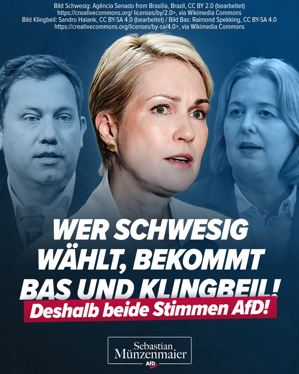 S_Muenzenmaier's tweet photo. Wer am Sonntag AfD wählt, bekommt fünf Jahre patriotische Politik für Mecklenburg-Vorpommern. Wer am Sonntag SPD wählt, bekommt weiter die Abzockerpolitik von Klingbeil und Bas.

TM https://t.co/2OFcR0XMiG
