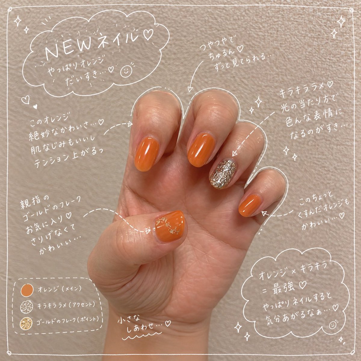 mu712mu's tweet photo. 昔からオレンジ推し🧡ですが
初めてネイルでオレンジした🍊可愛い

なかなか🍁🍂っぽくてお気に入り😍

ネイルは季節感出せるの楽しいよね🥰
明日からシルバーウィークだね💗
みんなはどんな連休予定ですか？☺️ https://t.co/YkEI50qczW