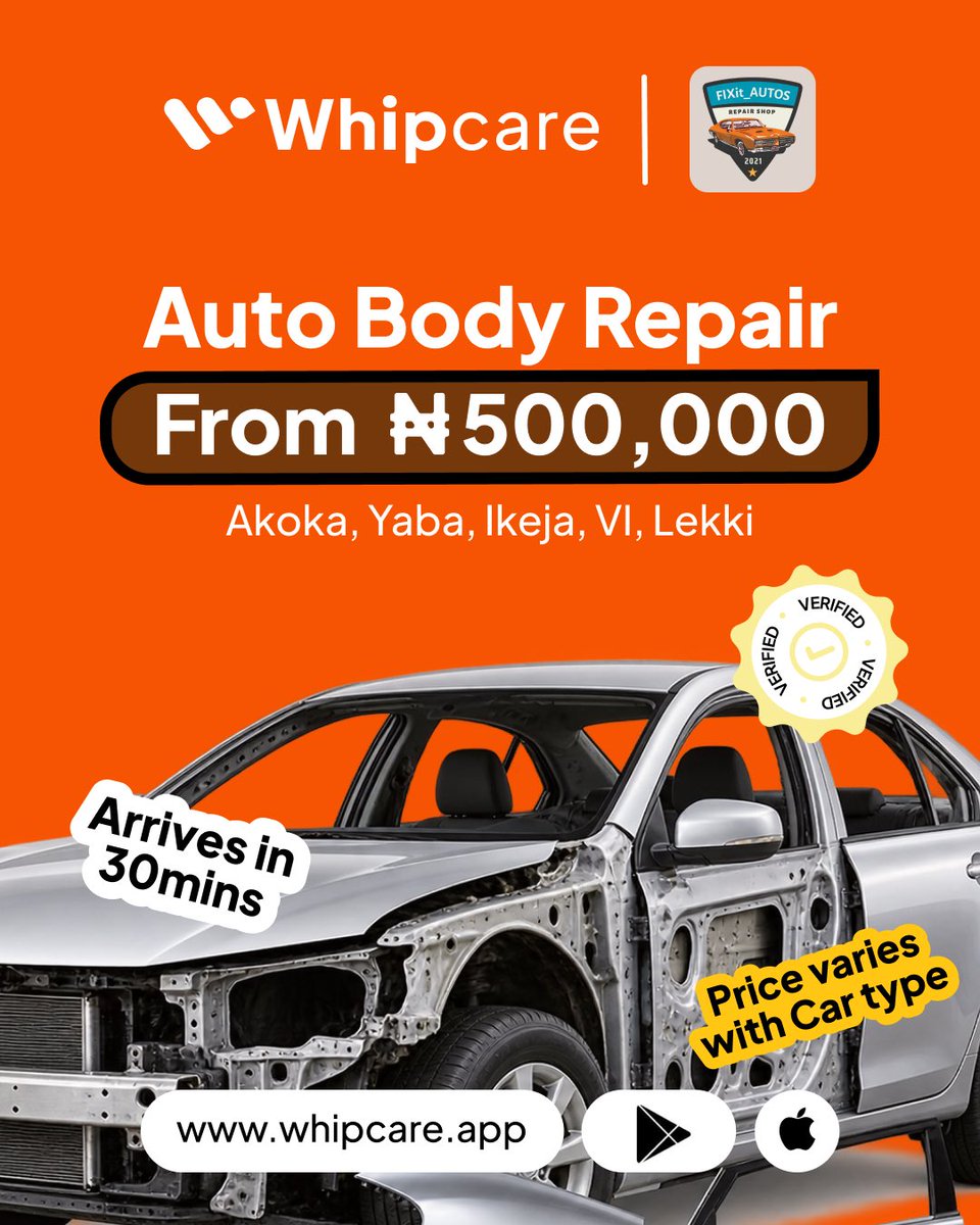 whipcareapp's tweet photo. Car looking rough? Fixit Autos got you.
Body work from β¦500K
Upholstery from β¦500K
Spray painting from β¦700K
Body maintenance from β¦1M
Akoka | Yaba | Ikeja | VI | Lekki
Verified. 30mins arrival.
Scan QR to book π
Only on Whipcare
#Whipcare #FixitAutos #LagosCars https://t.co/9b617eZvM0