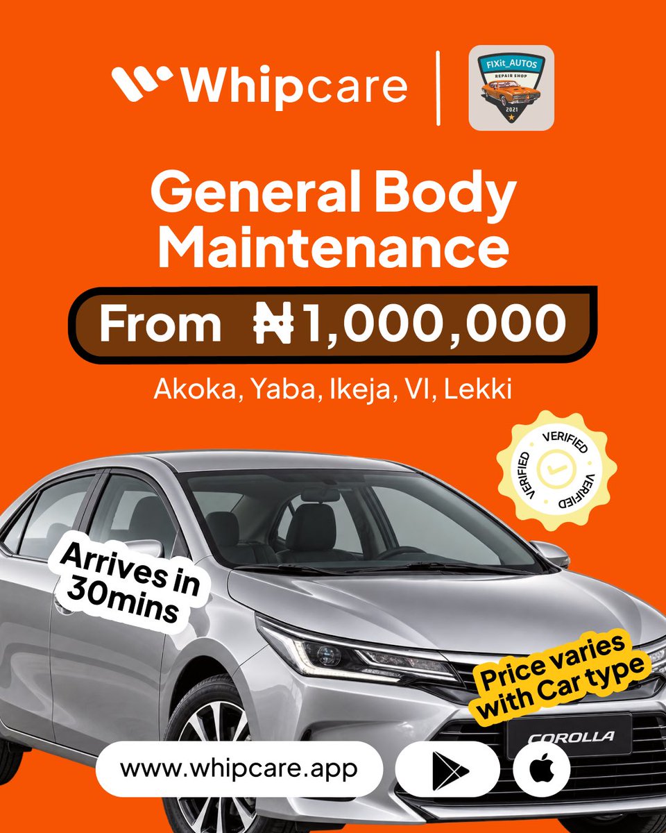 whipcareapp's tweet photo. Car looking rough? Fixit Autos got you.
Body work from β¦500K
Upholstery from β¦500K
Spray painting from β¦700K
Body maintenance from β¦1M
Akoka | Yaba | Ikeja | VI | Lekki
Verified. 30mins arrival.
Scan QR to book π
Only on Whipcare
#Whipcare #FixitAutos #LagosCars https://t.co/9b617eZvM0