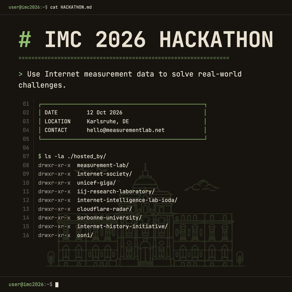 OpenObservatory's tweet photo. Heading to @ACM_IMC_2026? 😃

Join us for the IMC Hackathon and use Internet measurement data to solve real-world challenges! 🙌

📅 October 12, 2026 
📌 Karlsruhe, Germany 
🗒️ Register: https://t.co/NGqTHMBl4X ✨

#IMC2026 #hackathon https://t.co/tvmoRwNeAU