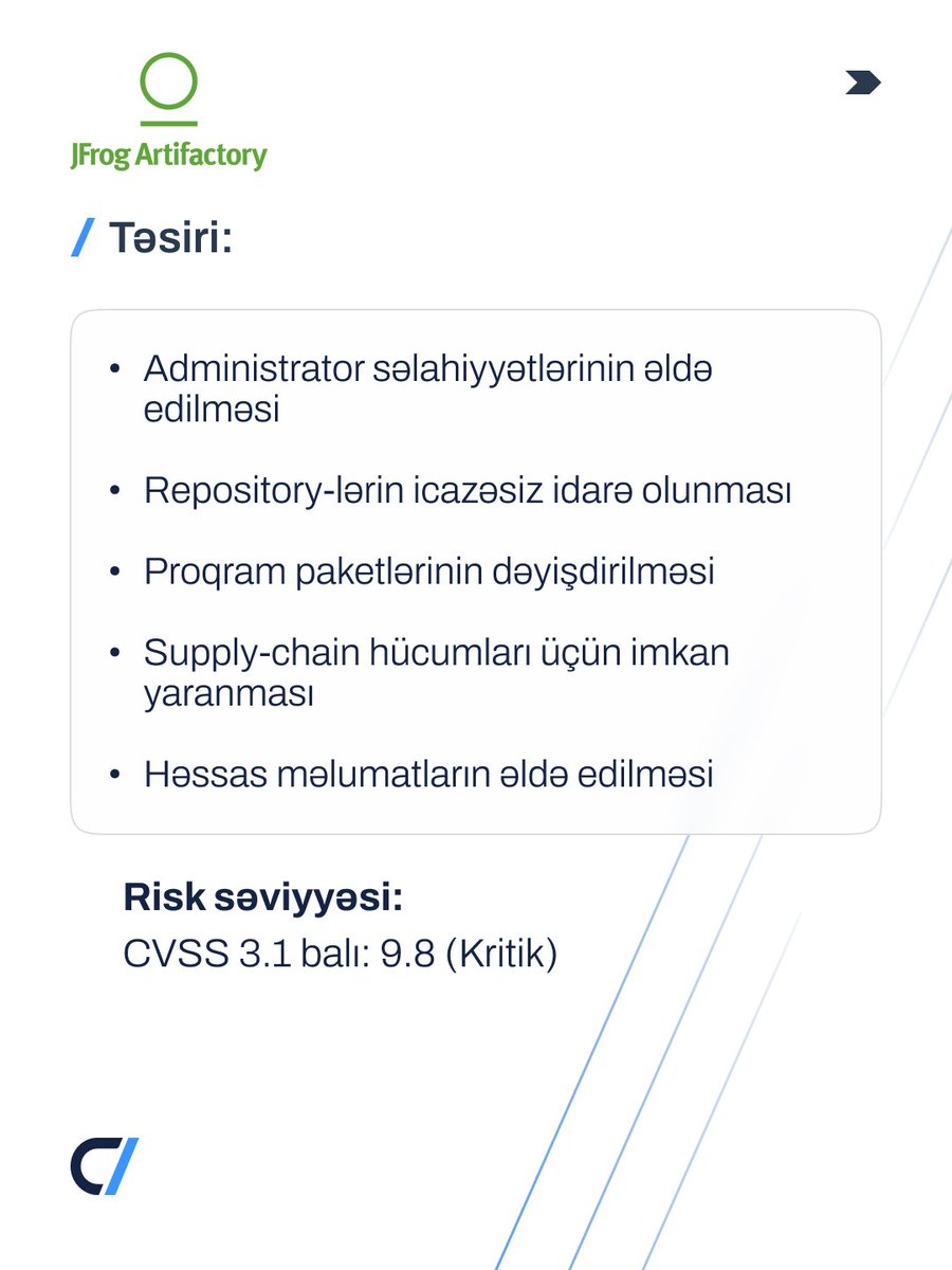 NCAAzerbaijan's tweet photo. "JFrog Artifactory" məhsulunda kritik təhlükəsizlik boşluğu (CVE-2026-82329) aşkarlanıb.
#MKA #NCA #MilliCERT #Kibertəhlükəsizlik #Xəbərdarlıq https://t.co/pJlwwX4AGK