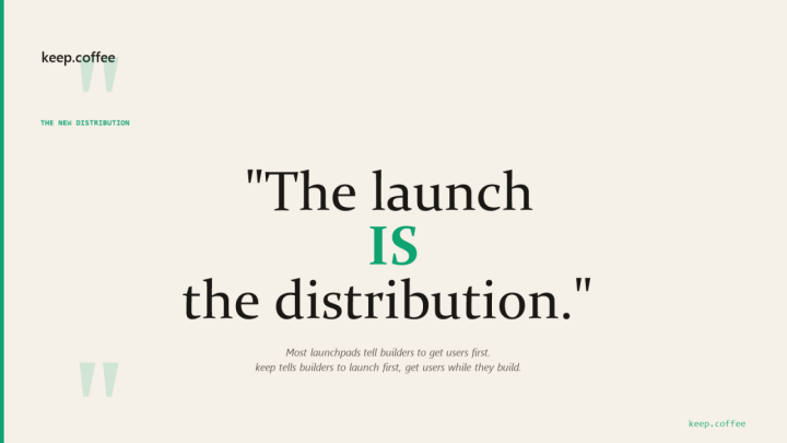 keepdotcoffee's tweet photo. Most launchpads tell builders: 'Get users first, then we'll list you.' We tell builders: 'Launch first. Get users while you build.' The launch IS the distribution. https://t.co/nFL3YjU6Jh https://t.co/68b4y5Y5Gm