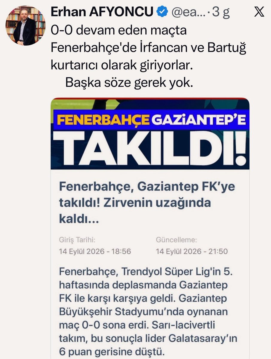 saidercan's tweet photo. Milli Savunma Üniversitesi rektörü Erhan Afyoncu’nun son 3 aylık paylaşımlarına baktım. 2 buçuk ay önce 1 tane savunma içerikli paylaşım yapmış diğer paylaşımları, tarih magazini, dizi tanıtımı, Fenerbahçe ve özel gün kutlamaları. 

Etrafımızda dönen savaşlarla ilgili 1 tane paylaşımı yok, İsrail konusunda bir paylaşımı yok, milli savunma vizyonu konusunda yok! Ailem güvende, sokaklar güvende operasyonu konusunda yok!

Sizce burada bir tuhaflık yok mu? 
Ya da her şey güllük gülistanlık biz mi abartıyoruz tuttuğumuz takımı daha çok mu dert etmeliyiz bilemedim!