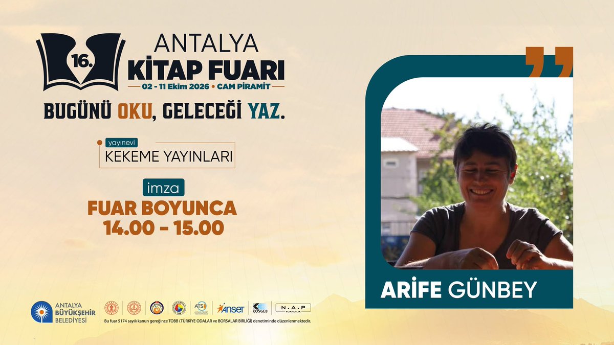 KitapFuariAnt's tweet photo. Arife Günbey, #16AntalyaKitapFuarı'nda Kekeme Yayınları standında fuar boyunca okurlarıyla buluşacak.📖📚
Tüm kitapseverleri 2 - 11 Ekim tarihlerinde Cam Piramit'te 16'ncısı düzenlenecek Antalya Kitap Fuarı'na bekliyoruz...

#AntalyaKitapFuarı #BugünüOkuGeleceğiYaz https://t.co/mNrha3rd7c