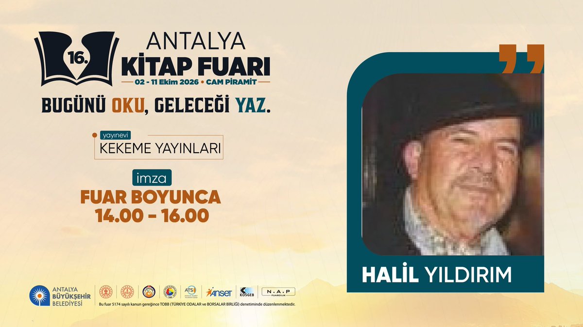 KitapFuariAnt's tweet photo. Halil Yıldırım, #16AntalyaKitapFuarı'nda Kekeme Yayınları standında fuar boyunca okurlarıyla buluşacak.📖📚
Tüm kitapseverleri 2 - 11 Ekim tarihlerinde Cam Piramit'te 16'ncısı düzenlenecek Antalya Kitap Fuarı'na bekliyoruz...

#AntalyaKitapFuarı #BugünüOkuGeleceğiYaz https://t.co/MK0bXrbNRs