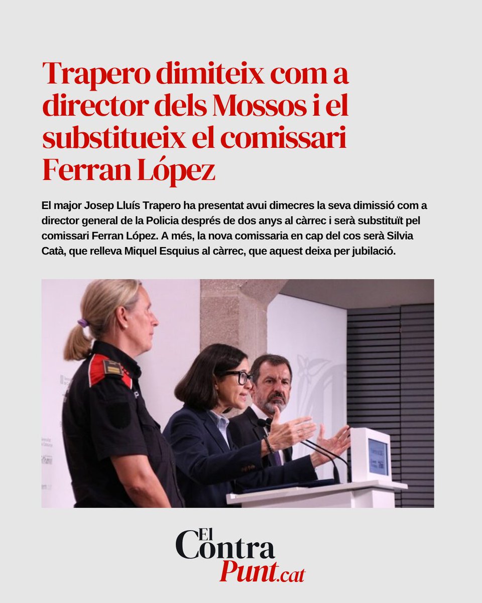 Elcontrapuntcat's tweet photo. 🚔 Josep Lluís Trapero dimiteix com a director dels Mossos i Ferran López el substitueix.
👮♂️ Trapero ha presentat la seva dimissió després de dos anys al capdavant de la Direcció General de la Policia.
https://t.co/pyX6mOXx61
#Catalunya #Barcelona #Mossos #Política https://t.co/Qv3VtfizX3
