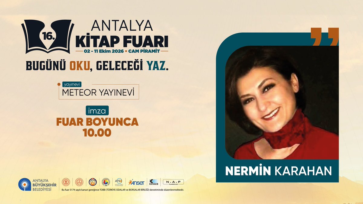 KitapFuariAnt's tweet photo. Nermin Karahan, #16AntalyaKitapFuarı'nda Meteor Yayınevi standında fuar boyunca okurlarıyla buluşacak.📖📚
Tüm kitapseverleri 2 - 11 Ekim tarihlerinde Cam Piramit'te 16'ncısı düzenlenecek Antalya Kitap Fuarı'na bekliyoruz...

#AntalyaKitapFuarı #BugünüOkuGeleceğiYaz https://t.co/Oo9aa5jPkb