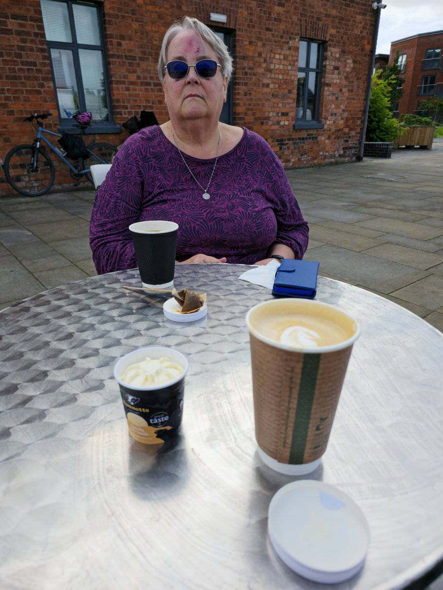 MartinPilkingt2's tweet photo. Ice cream and a drink by the canal. Dark glasses are useful to hide bruises. https://t.co/92KgYlRewy