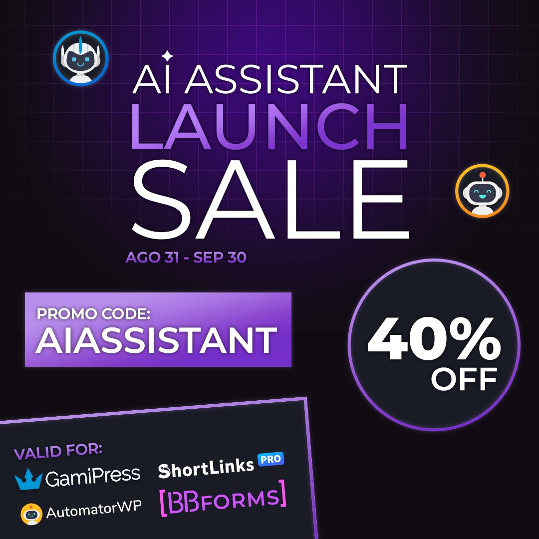 AutomatorWP's tweet photo. [NEW] AutomatorWP #AI Assistant lands on #WordPress to help you automate your site using natural language! 🎉

Enjoy a 40% off with the code
⭐️AIASSISTANT⭐️

Valid for:
🤖https://t.co/LKDoyNJuOC
🕹️https://t.co/iao3bL8Xuh
🔗https://t.co/tEP9MrpRm8
📋https://t.co/n2w9uHhDQC https://t.co/ccuFpr2itE