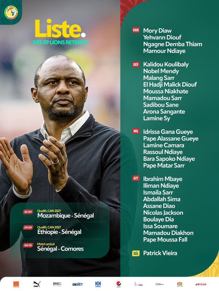 taggatsn's tweet photo. 🚨 Officiel | La première liste du sélectionneur Patrick Vieira pour le rassemblement de septembre est connue ! 🇸🇳 https://t.co/bXTg6TDLvo