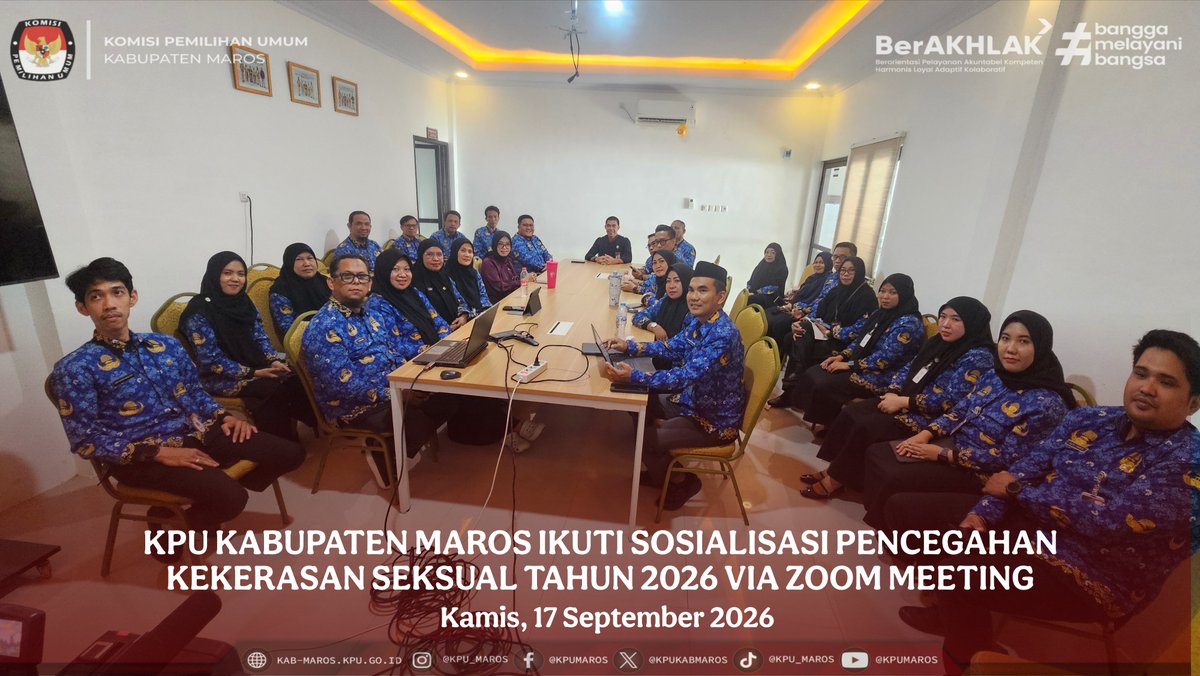 kpukabmaros's tweet photo. #TemanPemilih, Komisi Pemilihan Umum Kabupaten Maros mengikuti Sosialisasi Pencegahan Kekerasan Seksual di Komisi Pemilihan Umum, Komisi Pemilihan Umum Provinsi dan Komisi Pemilihan Umum Kabupaten/Kota Tahun 2026 melalui Zoom Meeting, Kamis (17/9/2026).

#KPUMelayani https://t.co/KNJOE6MmQQ