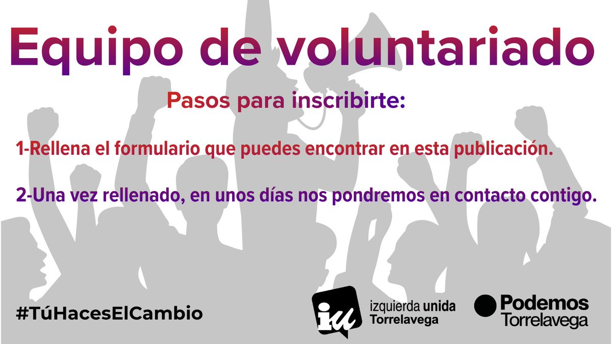 IUPodemosTorre's tweet photo. El cambio no se construye solo. 

Súmate al Equipo de Voluntariado y ayúdanos a construir la Torrelavega que queremos.

No necesitas pertenecer a ningún partido: solo tener ganas de participar, aportar y cambiar las cosas.

https://t.co/lpgEri0mF6 https://t.co/qWO2IO5tYF