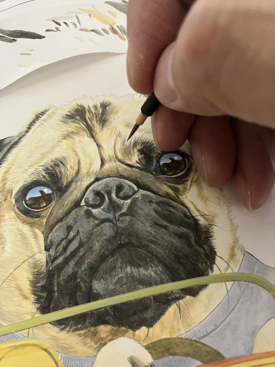 k_gahaku's tweet photo. PUG RIDERの絵の続きです🎨
仕上げに細かいところを塗り塗り🖌️
福ちゃんも塗り塗り🐶
もうすぐ完成です✨
#pugrider #pug #painting #パグ #イラスト https://t.co/Af1a09G8Tc