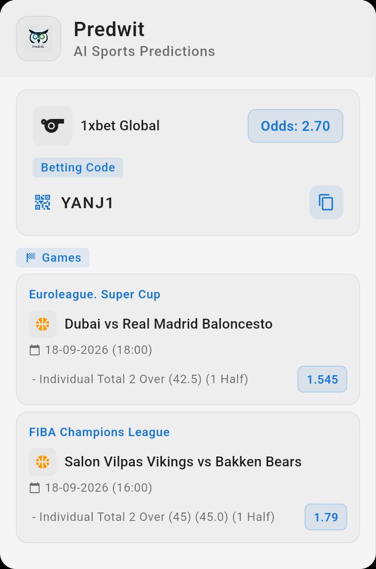 predwit's tweet photo. 🎯 1xbet Global Bet Code: YANJ1 (2.70 odds) 🔥
⚽ Dubai vs Real Madrid Baloncesto
⚽ Salon Vilpas Vikings vs Bakken Bears

Get winning codes on Predwit 👇
https://t.co/Czt1cB80WA
#Predwit #BetCode https://t.co/A5vFvjUKh9