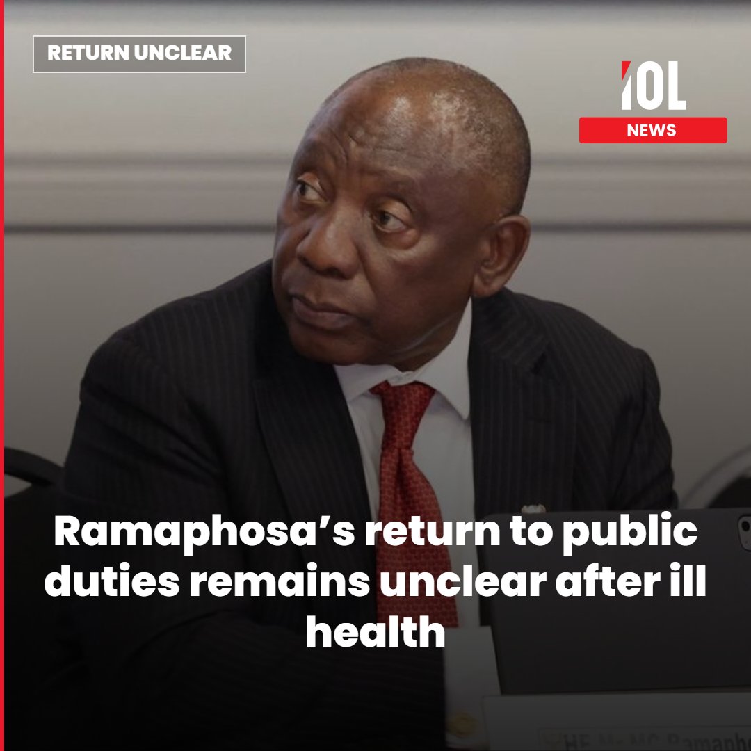IOL's tweet photo. President Cyril Ramaphosa’s return to public engagements remains unclear days after the Presidency confirmed he had been booked off following ill health.
Read on https://t.co/J3D3D3A52q
#news #ReturnUnclear #IllHealth #PublicAbsence #CyrilRamaphosa https://t.co/1FBJJ4TvhK