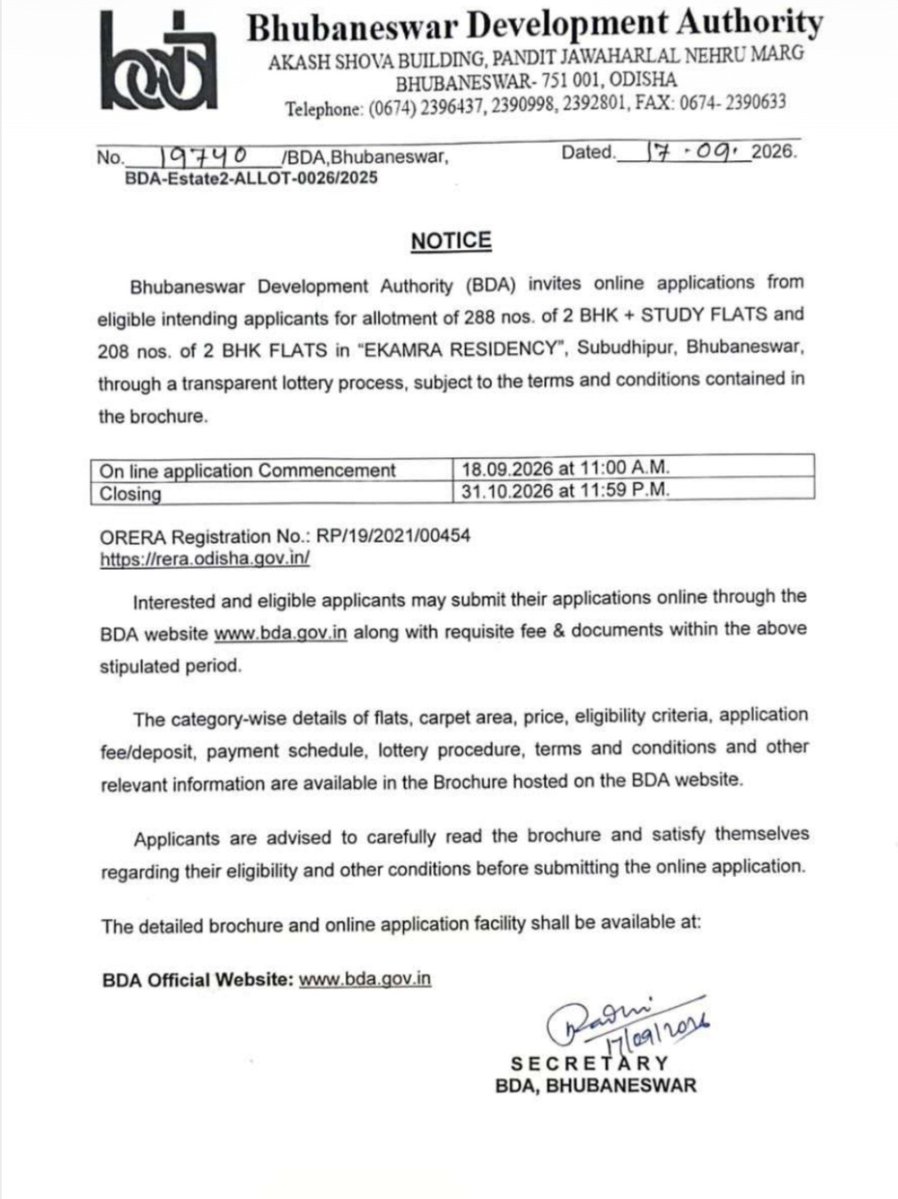 AamariOdisha's tweet photo. 🏠 BDA Housing Lottery 2026
Bhubaneswar Development Authority invites online applications for 288 2BHK + Study flats &amp; 208 2BHK flats at Ekamra Residency, Subudhipur, Bhubaneswar.
🗓️ Apply: 18 Sept–31 Oct 2026
🎟️ Lottery
🔗 https://t.co/4iuGZfIyvw

#ekamraresidency #bdabbsr #bda https://t.co/guiqN7myCE