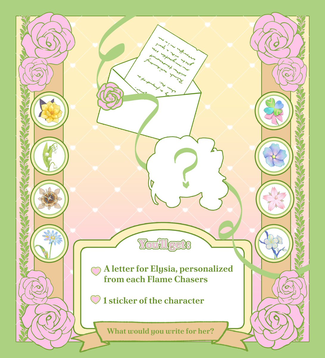Kokotuo__'s tweet photo. ༘⋆♡⸝⸝ Dear Ely ⊹。°➴
💌A Honkai Impact 3rd Stamp Rally : Flame chasers centric✒️

Each letters are written from her fellow comrades. What would u write for her?

Prize reveal coming soon, please look forward to it!💐 https://t.co/Y787GuHvAD