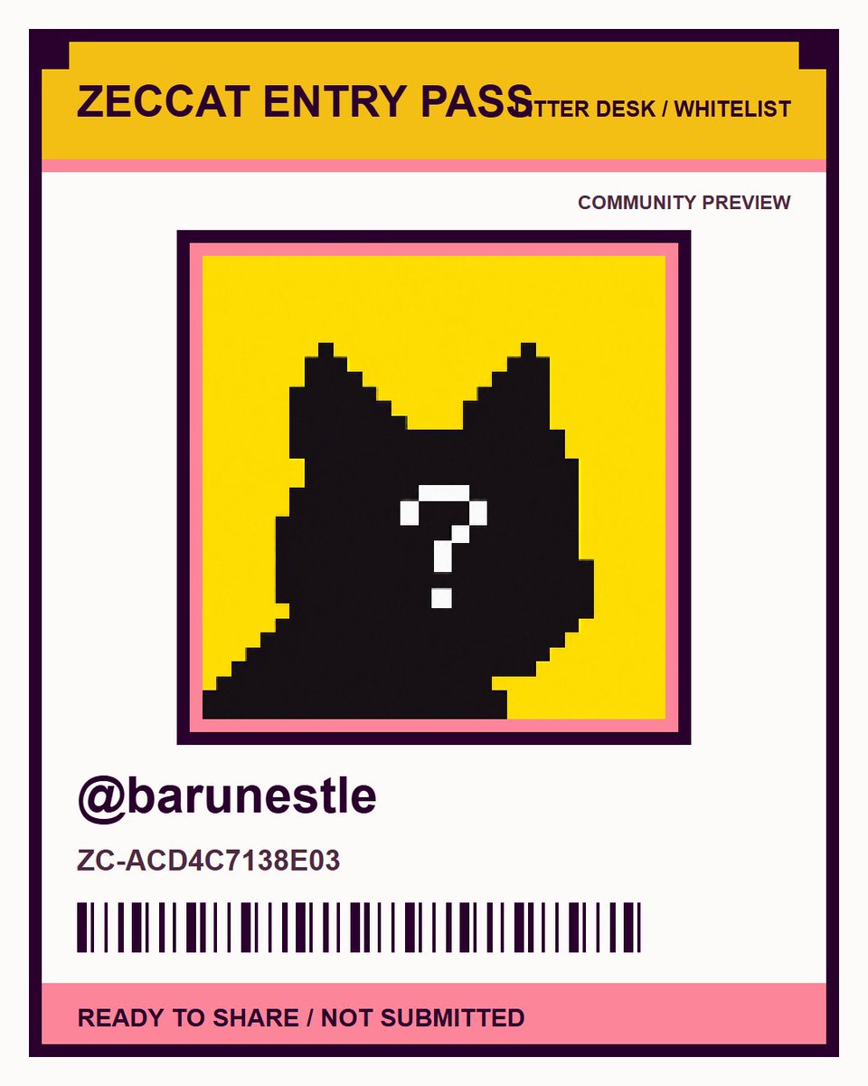 BaruNestle's tweet photo. I'm applying for the @zeccatnft whitelist. My Zeccat Entry Pass is ZC-ACD4C7138E03. Community preview only. https://t.co/Jeo1GNomge