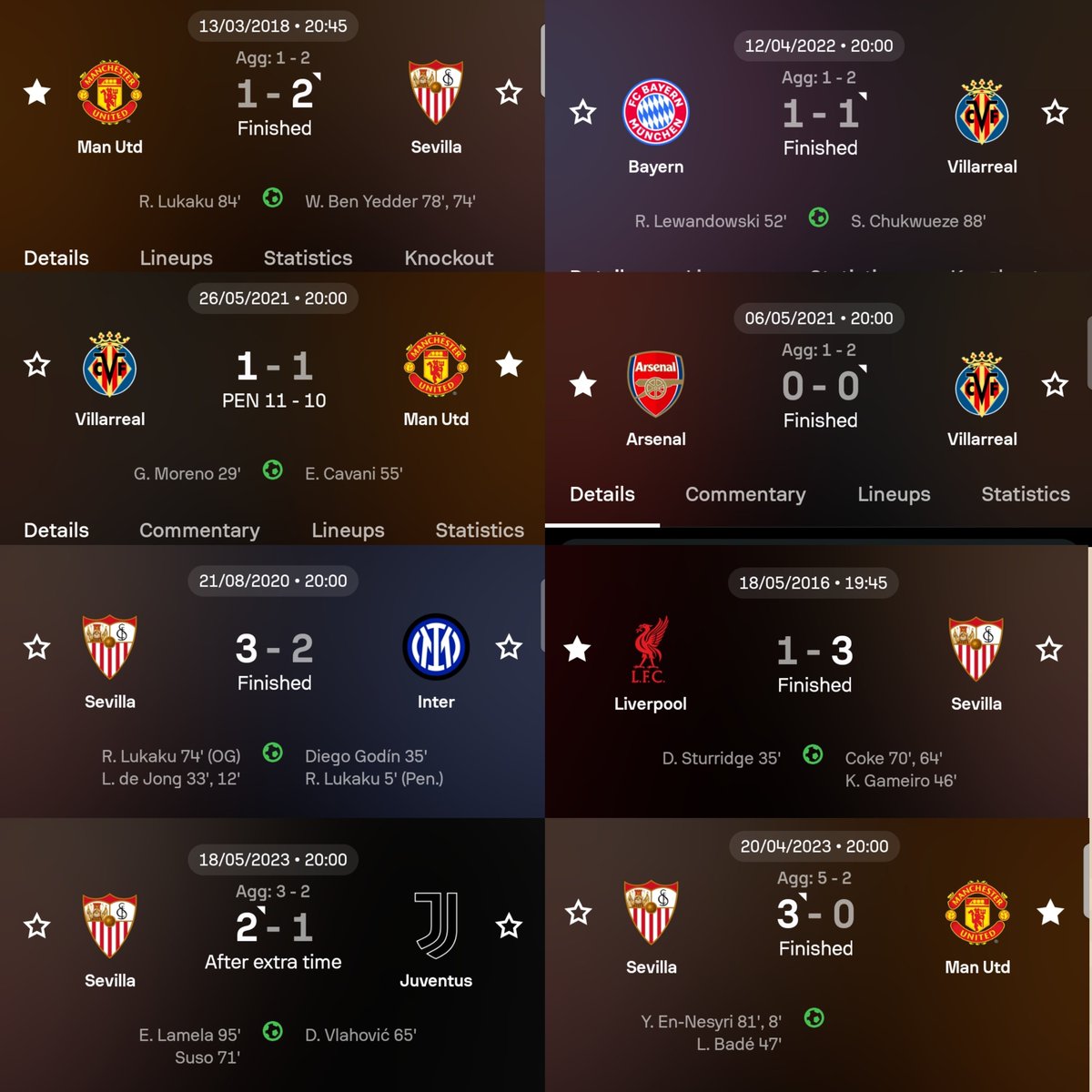 Dat_boy_nino's tweet photo. This was what Sevilla and Villarreal were doing during their prime in the Europa League and UCL. Don't disrespect La Liga teams. 

Look at the calibre of teams these guys were KO’ing with their peanut budgets. 

I dare the likes of Villa, Palace, Bournemouth, Everton and Brighton to replicate something like this. Then we can all agree English teams play better football than Spanish sides.

And remember, this current version of the Europa League is far weaker than the one Spanish teams used to dominate.