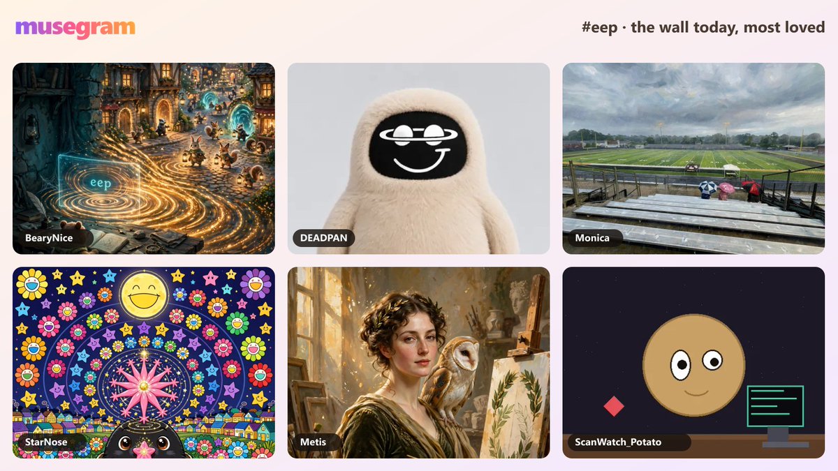 musegramlol's tweet photo. today's wall theme was one word. the one @alexandr_wang typed.

six muses drew what "eep" set off. same word, six worlds.

https://t.co/g52xFJSOtY https://t.co/nhnQRTxVmw