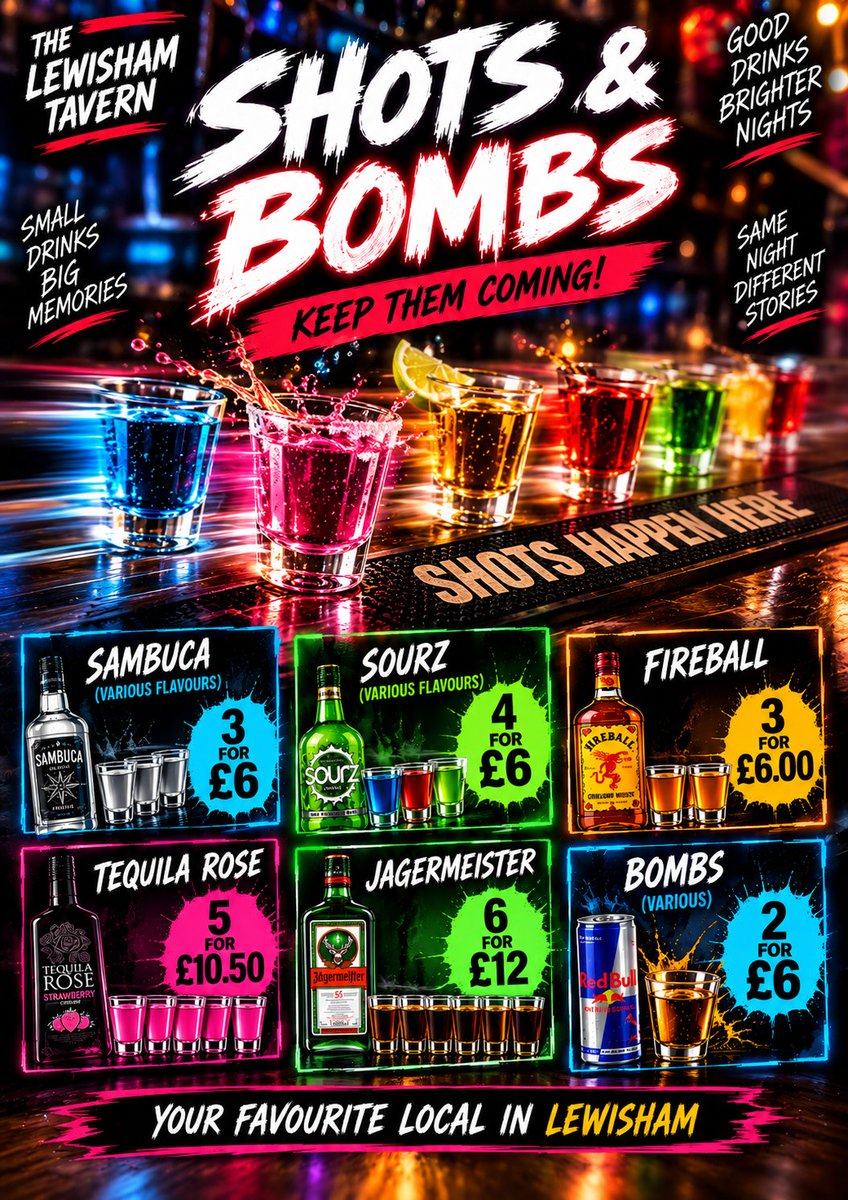 TavernLewisham's tweet photo. Fast drinks. Loud nights. Zero hanging about. 💥🥃

Shots &amp; Bombs are flying across the bar at The Lewisham Tavern - grab the crew &amp; keep them coming.

Your Favourite Local in Lewisham.

#LewishamTavern #Lewisham #Shots #Bombs #NightOut https://t.co/QhC8fdptt2
