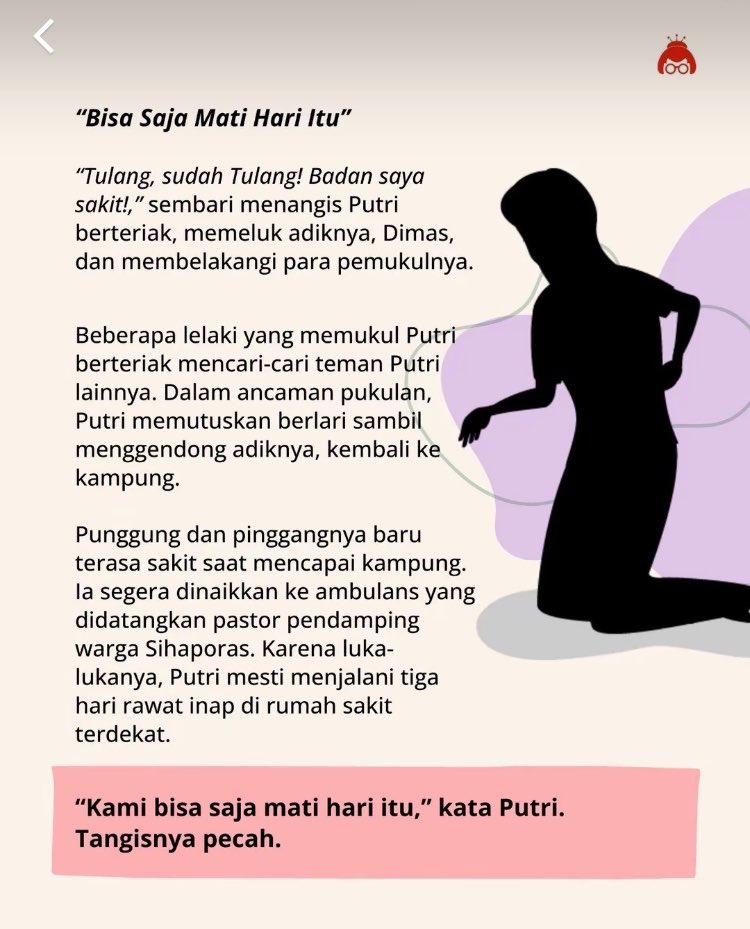 ekowboy2's tweet photo. Kisah pilu perlawanan Putri Ambarita yang dipukuli karena  melindungi adiknya yang disabilitas 

Sekitar 150 orang diduga suruhan TPL datang membawa balok, parang, dan tameng. Mereka memukuli warga. Kepala Dimas robek. Putri dipukul di kepala, punggung, dan kaki sampai linglung. Harus terapi psikolog.

Semua ini terjadi karena mereka mempertahankan tanah yang sudah diolah turun-temurun. Bukan karena mereka menyerang. Mereka hanya menolak diusir dari tanah peluhnya sendiri.

Perusahaan yang sama kini jadi tersangka korporasi kasus transfer pricing. Dugaan kerugian negara Rp2 triliun

Usut tuntas mereka harus membayar kejahatan & keserakahan yang mereka perbuat!!