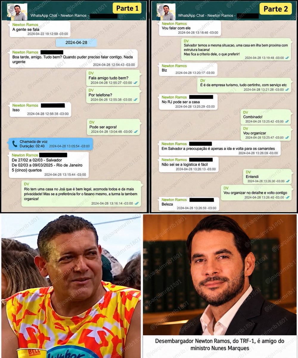 joaquimrib1801's tweet photo. 🚨 MENSAGENS EXTRAÍDAS DO CELULAR DE VORCARO REVELAM RESERVA DE MANSÃO DE R$ 250 MILHÕES PARA MINISTRO APONTADO COMO NUNES MARQUES NO CARNAVAL

Mensagens extraídas do celular de Daniel Vorcaro revelam um diálogo, em abril de 2024, entre Vorcaro e o desembargador Newton Ramos, do TRF-1 e amigo de Kassio Nunes Marques, tratando com quase um ano de antecedência da hospedagem no Rio de Janeiro para o Carnaval de 2025.

Na conversa, Newton informa que seriam necessários cinco quartos e Vorcaro oferece uma casa no Joá com privacidade. As tratativas posteriormente apontam para a mansão do ator Márcio Garcia, avaliada em R$ 250 milhões, com sete suítes e cerca de 6 mil m². Os diálogos indicam que a semana de hospedagem custou aproximadamente R$ 1,45 milhão.

Outras mensagens mencionam “KN”, que investigadores da PF apontam como Kassio Nunes Marques, e detalham a estrutura preparada, com chef, garçons, motoristas e camarotes, além de Macallan 12, Sassicaia, Chablis, Moët Chandon e Dom Pérignon.