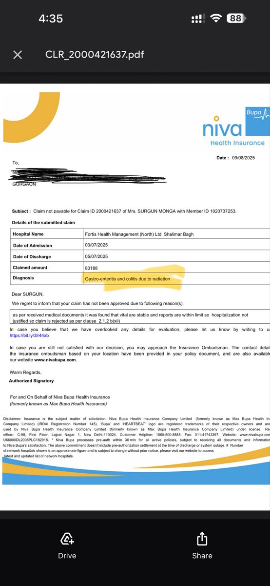ShallyMonga05's tweet photo. @Niva_Bupa Please provide at least a valid reason for rejecting my claim. You mentioned the wrong diagnosis despite verifying the discharge summary. 😂😂
anyway impressive! At least give a reason that matches the actual medical documents. 😂 https://t.co/LWBGihkvyw