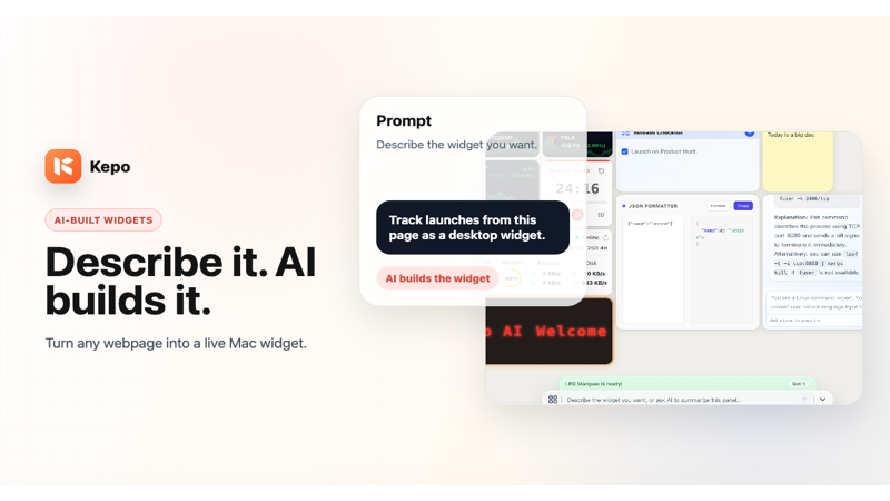 bufferapps's tweet photo. 𝐍𝐞𝐰𝐥𝐲 𝐋𝐚𝐮𝐧𝐜𝐡𝐞𝐝⬇️⬇️
Kepo: Turn webpages into live Mac desktop widgets with AI

𝐄𝐱𝐩𝐫𝐞𝐬𝐬 𝐲𝐨𝐮𝐫 𝐎𝐩𝐢𝐧𝐢𝐨𝐧👉👉 https://t.co/Mn1K0YA9QM

𝐉𝐨𝐢𝐧 𝐁𝐞𝐭𝐚 𝐋𝐚𝐮𝐧𝐜𝐡👉https://t.co/H2xBvWv5nx

#SaaS #bufferapps #saasplatform #betalist #betalaunch #software https://t.co/IojOtw2PR0