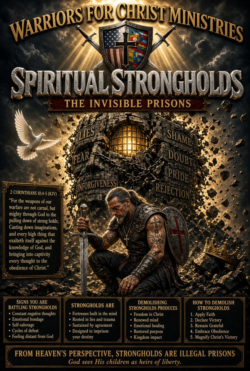 American_VET2's tweet photo. **Warriors For Christ Ministries**

Brother, I have lived inside one of these prisons.

Not with iron bars you could see. With thoughts that felt like stone. After service, after the shop closed, after the body broke down and the darkness tried to take the house with it, I let arguments become truth. Fear dressed itself as wisdom. Shame wrote my name. Unforgiveness sat in the chair that belonged to Christ. I shut the door on the very people God gave me to love. That is what a stronghold does. It does not always scream. Sometimes it just keeps repeating the same lie until you start calling it “me.”

The Word of God does not leave us guessing:

“For the weapons of our warfare are not carnal, but mighty through God to the pulling down of strong holds; Casting down imaginations, and every high thing that exalteth itself against the knowledge of God, and bringing into captivity every thought to the obedience of Christ.” — 2 Corinthians 10:4-5 (KJV)

**What builds the fortress**

A stronghold is not a feeling you failed to manage. It is an argument you accepted. A proud thought that refused the Word. A wound you kept rehearsing instead of bringing to the Cross. Trauma, loss, betrayal, disability, failure, rejection — those can be the bricks. Agreement with the lie is the mortar. The enemy does not need new material. He only needs you to keep saying yes to the old sentence.

**How you pull it down**

You do not negotiate with a prison that heaven has already declared illegal.

- Name the lie out loud and set 2 Corinthians 10:4-5 against it.
- Take the thought captive. Do not pet it. Do not explain it. Make it bow to Christ.
- Forgive where unforgiveness is the lock.
- Open the Book every day. Obedience starves the fortress.
- Stay grateful. Thanksgiving is not denial. It is preservation.
- Do not fight alone. Tell a trusted brother. Let the body of Christ stand with you.

I did not get free because I was strong. I got free because God is. He started the Jeep when it should not have started. He returned what was lost. He restored a marriage the enemy had already written off. He still demolishes illegal prisons.

If you are in it tonight — the loop, the shame, the “this is just who I am” — hear me. That fortress is not your identity. You are an heir of liberty. Christ already paid for the demolition. Walk out. Take the thought captive. Come home to the truth.

Heaven sees the wall. Heaven also sees the Son who already tore it open.

Stand strong. Advance the Kingdom.

OG American Vet (John)  
@American_VET2  
🙏🏻✝️🛡️⚔️💜  
Warriors For Christ Ministries