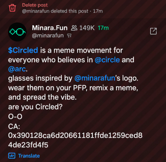 RealAlexBob's tweet photo. @minarafun is scamming its users

First the community built $MINARA around the cat from their own discord and people thought it was the platform token
The team stayed silent while volume was printing and then suddenly said that it was community token, not connected to minara[.]fun
After that came the dump and fud

After that official account posted $CIRCLED CA
Deleted it
And acted like they just supported a meme movement lol

This is not miscomm. This is using the community as exit liquidity.
Arc already had this circus with the mascots - $DUKE & $BIRDIE
Now the same play is on the Circle-backed launchpad.

Stay away from this platform
Don’t be the exit