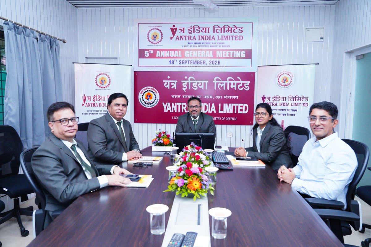 YantraIndiaLtd's tweet photo. Yantra India Limited held its 5th Annual General Meeting on 18.09.2026, chaired by Shri Vijaykumar Iyer, CMD (Addl. Charge), in the presence of the BODs, shareholders & auditors.

CMD highlighted YIL’s achievements & future roadmap, acknowledging the valuable contributions of all stakeholders.

#AnnualGeneralMeeting4
@SpokespersonMoD 
@DefProdnIndia 
@PIB_India