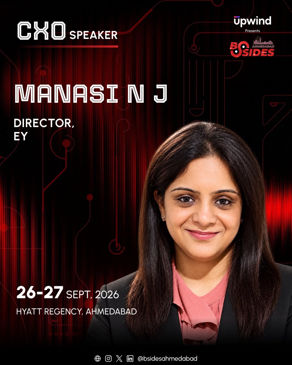 bsidesahmedabad's tweet photo. Cyber risk doesn’t stop at the security team. It reaches the boardroom, the business, and every decision in between.

We’re bringing Manasi N J, Director at EY, to the stage as a CXO Speaker at Upwind Presents BSides Ahmedabad 0x7.

With perspectives from the business and advisory side of cybersecurity, Manasi brings a different lens to the conversations shaping how organisations think about risk.

If you care about where cybersecurity meets business decisions, this is one conversation you’ll want to hear in the room.

📅 26–27 September 2026
📍 Hyatt Regency, Ahmedabad

🎟️ Don’t just read the takeaways after the conference. Be in the room when the conversation happens. Book your ticket.
https://t.co/ppHZdsuaUv

#BSidesAhmedabad #BSidesAhmedabad0x7 #CyberSecurity #CyberRisk #CXO #EY #InfoSec #Ahmedabad