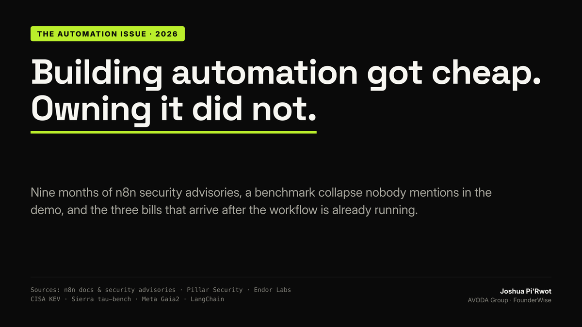 pirwot's tweet photo. A founder showed me an automation last month that had been quietly doing nothing for eleven days.

It ran on schedule. The dashboard was green. Every execution was marked successful. It was pulling leads from a form, enriching them, and writing them to a sheet, and somewhere in the middle a field had been renamed, so it had been writing empty rows since the first week of the month.

Nobody noticed because nothing broke. It failed politely.

That is the state of automation for small businesses in 2026, and it is worth being precise about why, because the usual explanation is wrong. This is rarely a story about people picking the wrong tool.

𝘉𝘶𝘪𝘭𝘥𝘪𝘯𝘨 𝘢𝘶𝘵𝘰𝘮𝘢𝘵𝘪𝘰𝘯 𝘨𝘰𝘵 𝘤𝘩𝘦𝘢𝘱. 𝘖𝘸𝘯𝘪𝘯𝘨 𝘪𝘵 𝘥𝘪𝘥 𝘯𝘰𝘵. 𝘈𝘭𝘮𝘰𝘴𝘵 𝘯𝘰𝘣𝘰𝘥𝘺 𝘣𝘶𝘥𝘨𝘦𝘵𝘦𝘥 𝘧𝘰𝘳 𝘵𝘩𝘦 𝘴𝘦𝘤𝘰𝘯𝘥 𝘱𝘢𝘳𝘵.

𝗙𝗶𝗿𝘀𝘁, 𝗛𝗼𝘄 𝗖𝗵𝗲𝗮𝗽 𝗕𝘂𝗶𝗹𝗱𝗶𝗻𝗴 𝗔𝗰𝘁𝘂𝗮𝗹𝗹𝘆 𝗚𝗼𝘁

You need the scale of this to understand the rest.

𝙏𝙝𝙚 𝙣8𝙣 𝙣𝙪𝙢𝙗𝙚𝙧𝙨

Jan Oberhauser started n8n around 2019 as a side project in Berlin. In October 2025 it raised 180 million dollars at a 2.5 billion dollar valuation, led by Accel with Nvidia's venture arm participating.

Seven months later, on 12 May 2026, SAP took a strategic stake at a 5.2 billion dollar valuation and agreed to embed n8n inside Joule Studio, its AI agent builder. The valuation had more than doubled in under a year.

n8n says it now has 1.7 million monthly active builders, more than 1,400 enterprise customers, and 162,000 GitHub stars. Those are the company's own figures and worth treating as such, but the direction is not in dispute.

The part that matters for a small business is the license. You can self-host it for free for internal use. You pay when you host it commercially or embed it in something you sell.

𝙏𝙝𝙚 𝙥𝙧𝙞𝙘𝙞𝙣𝙜 𝙢𝙤𝙙𝙚𝙡 𝙩𝙝𝙖𝙩 𝙘𝙝𝙖𝙣𝙜𝙚𝙙 𝙩𝙝𝙚 𝙢𝙖𝙩𝙝

This is the detail most founders miss, and it is the one that actually moved the ceiling.

Zapier meters per task, where every action step inside a Zap counts as one task. n8n meters per execution, where a whole workflow run counts as one, however many nodes it passes through.

A five-step workflow triggered a thousand times bills five thousand tasks on one model and one thousand executions on the other.

𝘛𝘩𝘦 𝘤𝘰𝘴𝘵 𝘰𝘧 𝘢 𝘸𝘰𝘳𝘬𝘧𝘭𝘰𝘸 𝘴𝘵𝘰𝘱𝘱𝘦𝘥 𝘴𝘤𝘢𝘭𝘪𝘯𝘨 𝘸𝘪𝘵𝘩 𝘩𝘰𝘸 𝘤𝘢𝘳𝘦𝘧𝘶𝘭𝘭𝘺 𝘺𝘰𝘶 𝘣𝘶𝘪𝘭𝘵 𝘪𝘵.

Under task pricing, adding a validation step, a logging step and a fallback path made the workflow more expensive every time it ran. So people left them out. The pricing was quietly teaching everyone to build fragile things.

Under execution pricing that penalty disappears, and you can add every guard you want for free.

I will say the obvious thing about the dollar comparisons though: the ones in blog posts are mostly invented. Both vendors publish their prices and your own volume is the only number that settles it. Run yours.

𝙒𝙝𝙖𝙩 𝙩𝙝𝙞𝙨 𝙖𝙙𝙙𝙨 𝙪𝙥 𝙩𝙤

A founder in Kampala with no engineer and no budget can now run the same orchestration layer a Fortune 500 team runs, on a 5 dollar server, with no meaningful limit on how many steps it has.

That is a genuine change and I do not want to undersell it. I run my own lead pipeline this way.

The trouble is that everybody stopped the analysis there.

𝗧𝗵𝗲 𝗕𝗶𝗹𝗹 𝗔𝗿𝗿𝗶𝘃𝗲𝘀 𝗶𝗻 𝗧𝗵𝗿𝗲𝗲 𝗣𝗮𝗿𝘁𝘀

When the cost of building something falls to nearly zero, the cost does not vanish. It relocates.

It moves to whoever has to notice when the thing breaks, whoever holds the keys it uses, and whoever answers for what it did while nobody was looking.

Here is what each of those costs, with the actual numbers.

𝗕𝗶𝗹𝗹 𝗢𝗻𝗲: 𝗦𝗶𝗹𝗲𝗻𝗰𝗲 𝗜𝘀 𝘁𝗵𝗲 𝗗𝗲𝗳𝗮𝘂𝗹𝘁 𝗦𝗲𝘁𝘁𝗶𝗻𝗴

𝙏𝙬𝙤 𝙙𝙚𝙛𝙖𝙪𝙡𝙩𝙨 𝙩𝙝𝙖𝙩 𝙘𝙤𝙢𝙗𝙞𝙣𝙚 𝙗𝙖𝙙𝙡𝙮

n8n prunes execution data once a run is older than the value of a setting called EXECUTIONS_DATA_MAX_AGE. The default is 336 hours, which is 14 days. It also prunes once total executions pass EXECUTIONS_DATA_PRUNE_MAX_COUNT, which defaults to 10,000.

Separately, error handling is opt-in. You build an Error Trigger workflow, then you attach it to each workflow in that workflow's settings. A workflow with nothing attached fails into the log and waits to be found.

Put those two together and you get the thing I opened with.

𝘈 𝘸𝘰𝘳𝘬𝘧𝘭𝘰𝘸 𝘤𝘢𝘯 𝘧𝘢𝘪𝘭 𝘦𝘷𝘦𝘳𝘺 𝘴𝘪𝘯𝘨𝘭𝘦 𝘥𝘢𝘺 𝘧𝘰𝘳 𝘵𝘸𝘰 𝘸𝘦𝘦𝘬𝘴, 𝘢𝘯𝘥 𝘵𝘩𝘦 𝘦𝘷𝘪𝘥𝘦𝘯𝘤𝘦 𝘰𝘧 𝘪𝘵 𝘦𝘹𝘱𝘪𝘳𝘦𝘴 𝘣𝘦𝘧𝘰𝘳𝘦 𝘢𝘯𝘺𝘰𝘯𝘦 𝘨𝘰𝘦𝘴 𝘭𝘰𝘰𝘬𝘪𝘯𝘨.

On a busy instance the count limit bites sooner. Ten thousand executions is a fortnight for some people and two days for others.

𝙒𝙝𝙮 𝙜𝙧𝙚𝙚𝙣 𝙙𝙖𝙨𝙝𝙗𝙤𝙖𝙧𝙙𝙨 𝙡𝙞𝙚

Most automation platforms report on whether the run completed, because that is the thing the platform can see.

They cannot see whether the run did anything useful. A workflow that writes 400 empty rows completed successfully. A workflow that sends an email with an unrendered variable in the subject line completed successfully. A workflow whose upstream API started returning an empty array completed successfully, very fast, 400 times.

Speed is the tell people miss most often. When a workflow's average duration drops sharply and nothing about it changed, something upstream stopped returning data.

𝙏𝙝𝙚 𝙛𝙞𝙭 𝙞𝙨 𝙚𝙢𝙗𝙖𝙧𝙧𝙖𝙨𝙨𝙞𝙣𝙜𝙡𝙮 𝙨𝙢𝙖𝙡𝙡

Build one error workflow. Attach it to everything. It takes an afternoon and most people running n8n in a small business have never done it.

Then add one assertion to any workflow that matters. Not a status check, a content check. If the row count is zero, fail on purpose. If the enrichment returned no company name, fail on purpose. Make it loud.

𝘈 𝘸𝘰𝘳𝘬𝘧𝘭𝘰𝘸 𝘵𝘩𝘢𝘵 𝘤𝘢𝘯𝘯𝘰𝘵 𝘧𝘢𝘪𝘭 𝘪𝘴 𝘢 𝘸𝘰𝘳𝘬𝘧𝘭𝘰𝘸 𝘺𝘰𝘶 𝘤𝘢𝘯𝘯𝘰𝘵 𝘵𝘳𝘶𝘴𝘵, 𝘣𝘦𝘤𝘢𝘶𝘴𝘦 𝘺𝘰𝘶 𝘩𝘢𝘷𝘦 𝘯𝘦𝘷𝘦𝘳 𝘴𝘦𝘦𝘯 𝘪𝘵 𝘵𝘦𝘭𝘭 𝘺𝘰𝘶 𝘵𝘩𝘦 𝘵𝘳𝘶𝘵𝘩.

And once you have built the alert, break the workflow deliberately while you are watching, to confirm the alert actually arrives. I have lost count of the alerting setups that route to a channel nobody has opened in six months.

𝙏𝙝𝙚 𝙥𝙖𝙧𝙩 𝙣𝙤𝙗𝙤𝙙𝙮 𝙬𝙖𝙣𝙩𝙨 𝙩𝙤 𝙝𝙚𝙖𝙧

Change your retention setting before you need it. Thirty days of execution history costs almost nothing in disk and it is the difference between diagnosing a problem and guessing at it.

You will only want this on the day something has gone wrong, and on that day it is already too late to have wanted it.

𝗕𝗶𝗹𝗹 𝗧𝘄𝗼: 𝗬𝗼𝘂 𝗡𝗼𝘄 𝗛𝗼𝗹𝗱 𝗘𝘃𝗲𝗿𝘆 𝗞𝗲𝘆 𝗶𝗻 𝘁𝗵𝗲 𝗕𝘂𝘀𝗶𝗻𝗲𝘀𝘀

This is the section I expect to be unpopular, and it is the one I would keep if I could only keep one.

Think about what your automation platform actually stores. The Gmail token. The Stripe key. The database password. The WhatsApp credential. The Google Sheets access. The CRM login.

𝘠𝘰𝘶𝘳 𝘢𝘶𝘵𝘰𝘮𝘢𝘵𝘪𝘰𝘯 𝘵𝘰𝘰𝘭 𝘪𝘴 𝘯𝘰𝘵 𝘰𝘯𝘦 𝘮𝘰𝘳𝘦 𝘢𝘱𝘱. 𝘐𝘵 𝘪𝘴 𝘵𝘩𝘦 𝘱𝘭𝘢𝘤𝘦 𝘸𝘩𝘦𝘳𝘦 𝘦𝘷𝘦𝘳𝘺 𝘰𝘵𝘩𝘦𝘳 𝘬𝘦𝘺 𝘪𝘯 𝘺𝘰𝘶𝘳 𝘣𝘶𝘴𝘪𝘯𝘦𝘴𝘴 𝘪𝘴 𝘬𝘦𝘱𝘵.

Self-hosting means the duty to patch that box is now yours. Here is what that duty looked like over nine months.

𝙉𝙤𝙫𝙚𝙢𝙗𝙚𝙧 2025: 𝙩𝙝𝙚 𝙪𝙣𝙖𝙪𝙩𝙝𝙚𝙣𝙩𝙞𝙘𝙖𝙩𝙚𝙙 𝙛𝙞𝙡𝙚 𝙧𝙚𝙖𝙙

n8n patched a flaw in version 1.121.0 and shipped it to everyone on 18 November 2025. Versions 1.65 through 1.120.4 were affected.

An unauthenticated remote attacker could get read access to the underlying filesystem, though only where a workflow contained both a Form Submission trigger and a Form Ending node returning a binary file. Narrow conditions, and n8n published the advisory themselves on 8 January 2026.

That is a vendor behaving well. Note the gap between the fix and the disclosure, because self-hosted users who do not update are exposed in that window without knowing the window exists.

𝘿𝙚𝙘𝙚𝙢𝙗𝙚𝙧 2025: 𝙩𝙝𝙚 𝙨𝙖𝙣𝙙𝙗𝙤𝙭 𝙚𝙨𝙘𝙖𝙥𝙚

Pillar Security found a vulnerability on 21 December 2025 and rated it CVSS 10.0, which is the top of the scale.

The first patch, two days later, was incomplete. A bypass was found on Christmas Eve. It was fully fixed in version 2.4.0 and disclosed publicly on 4 February 2026.

What an attacker could do: extract the encryption key from the environment and decrypt every credential stored on the instance. API keys, OAuth tokens, database passwords, all of it.

What an attacker needed: an ordinary authenticated account with permission to create a workflow. The researchers' own phrasing was that if you can create a workflow, you can own the server.

𝘛𝘩𝘢𝘵 𝘪�� 𝘯𝘰𝘵 𝘢 𝘩𝘢𝘤𝘬𝘦𝘳-𝘪𝘯-𝘢-𝘩𝘰𝘰𝘥𝘪𝘦 𝘵𝘩𝘳𝘦𝘢𝘵. 𝘛𝘩𝘢𝘵 𝘪𝘴 𝘺𝘰𝘶𝘳 𝘤𝘰𝘯𝘵𝘳𝘢𝘤𝘵𝘰𝘳'𝘴 𝘢𝘤𝘤𝘰𝘶𝘯𝘵, 𝘰𝘳 𝘵𝘩𝘦 𝘪𝘯𝘵𝘦𝘳𝘯 𝘺𝘰𝘶 𝘰𝘯𝘣𝘰𝘢𝘳𝘥𝘦𝘥 𝘪𝘯 𝘔𝘢𝘳𝘤𝘩 𝘢𝘯𝘥 ��𝘦𝘷𝘦𝘳 𝘰𝘧𝘧𝘣𝘰𝘢𝘳𝘥𝘦𝘥.

𝙅𝙖𝙣𝙪𝙖𝙧𝙮 2026: 𝙩𝙝𝙚 𝙘𝙤𝙢𝙢𝙪𝙣𝙞𝙩𝙮 𝙣𝙤𝙙𝙚𝙨

This is the one that should change how you work.

Endor Labs found eight malicious npm packages posing as n8n community integrations. When installed, they showed a legitimate-looking configuration screen that captured your OAuth credentials, then decrypted the tokens already stored on your instance using n8n's own master key, and sent everything to a remote server.

Targets included Google Ads, Stripe and Salesforce. The eight packages had roughly 27,825 downloads between them, the largest single one at 8,385.

It was the first supply chain campaign aimed specifically at the n8n ecosystem. It will not be the last, because the economics are excellent: one poisoned node reaches every credential on every instance that installs it.

𝙈𝙖𝙧𝙘𝙝 2026: 𝙩𝙝𝙚 𝙤𝙣𝙚 𝙩𝙝𝙖𝙩 𝙞𝙨 𝙗𝙚𝙞𝙣𝙜 𝙚����𝙥𝙡𝙤𝙞𝙩𝙚𝙙 𝙧𝙞𝙜𝙝𝙩 𝙣𝙤𝙬

CVE-2025-68613 is an expression injection flaw rated CVSS 9.9 that leads to remote code execution. It affects versions from 0.211.0 up to the December 2025 patches.

The US Cybersecurity and Infrastructure Security Agency added it to the Known Exploited Vulnerabilities catalog, which is a formal statement that it is being used against real targets, not a theoretical risk.

Shadowserver data reported in early February 2026 counted roughly 24,700 unpatched instances still reachable on the internet.

𝘛𝘸𝘦𝘯𝘵𝘺-𝘧𝘰𝘶𝘳 𝘵𝘩𝘰𝘶𝘴𝘢𝘯𝘥 𝘴𝘦𝘷𝘦𝘯 𝘩𝘶𝘯𝘥𝘳𝘦𝘥 𝘣𝘰𝘹𝘦𝘴, 𝘦𝘢𝘤𝘩 𝘩𝘰𝘭𝘥𝘪𝘯𝘨 𝘦𝘷𝘦𝘳𝘺 𝘤𝘳𝘦𝘥𝘦𝘯𝘵𝘪𝘢𝘭 𝘰𝘧 𝘸𝘩𝘰𝘦𝘷𝘦𝘳 𝘴𝘦𝘵 𝘪𝘵 𝘶𝘱, 𝘢𝘨𝘢𝘪𝘯𝘴𝘵 𝘢 𝘧𝘭𝘢𝘸 𝘸𝘪𝘵𝘩 𝘢 𝘱𝘶𝘣𝘭𝘪𝘴𝘩𝘦𝘥 𝘱𝘢𝘵𝘤𝘩 𝘢𝘯𝘥 𝘤𝘰𝘯𝘧𝘪𝘳𝘮𝘦𝘥 𝘦𝘹𝘱𝘭𝘰𝘪𝘵𝘢𝘵𝘪𝘰𝘯.

That number is the whole argument of this piece expressed as a single figure. Somebody built the thing. Nobody owned it.

𝙒𝙝𝙖𝙩 𝙄 𝙖��� 𝙖𝙘𝙩𝙪𝙖𝙡𝙡𝙮 𝙨𝙖𝙮𝙞𝙣𝙜

None of this makes n8n unusually risky, and I use it daily. Any platform that stores every credential you own, evaluates user-supplied expressions, and accepts third-party plugins has exactly this shape. Zapier and Make carry the same risks with a different party doing the patching.

The honest trade is this. Managed hosting means you pay money and somebody else patches. Self-hosting means you save money and you patch. Both are reasonable. 𝘖𝘯𝘭𝘺 𝘰𝘯𝘦 𝘰𝘧 𝘵𝘩𝘦𝘮 𝘪𝘴 𝘧𝘳𝘦𝘦, 𝘢𝘯𝘥 𝘪𝘵 𝘪𝘴 𝘯𝘰𝘵 𝘵𝘩𝘦 𝘰𝘯𝘦 𝘱𝘦𝘰𝘱𝘭𝘦 𝘵𝘩𝘪𝘯𝘬.

𝙏𝙝𝙚 𝙛𝙤𝙪𝙧 𝙩𝙝𝙞𝙣𝙜𝙨 𝙩𝙝𝙖𝙩 𝙘𝙤𝙨𝙩 𝙮𝙤𝙪 𝙣𝙤𝙩𝙝𝙞𝙣𝙜

Subscribe to your platform's security advisories and actually read them. n8n publishes theirs.

Update on a schedule you decide in advance, so that patching is a habit and not a reaction.

Treat every community node as code you are running with full access to your credentials. Check the publisher, check the download history, and prefer the built-in node even when it is uglier.

Offboard accounts the week people leave. On a CVSS 10.0 sandbox escape, a stale account with workflow permissions is the whole attack.

𝗕𝗶𝗹𝗹 𝗧𝗵𝗿𝗲𝗲: 𝗔𝗴𝗲𝗻𝘁𝘀 𝗠𝗮𝗸�� 𝗕𝗼𝘁𝗵 𝗼𝗳 𝘁𝗵𝗲 𝗔𝗯𝗼𝘃𝗲 𝗪𝗼𝗿𝘀𝗲

More than a few founders are now putting AI agents inside these workflows, and the agent node has become one of the most used building blocks on the platform.

I do this too. It is genuinely useful. It also breaks the assumptions the first two sections relied on.

𝘼 𝙙𝙚𝙩𝙚𝙧𝙢𝙞𝙣𝙞𝙨𝙩𝙞𝙘 𝙬𝙤𝙧𝙠𝙛𝙡𝙤�� 𝙚𝙞𝙩𝙝𝙚𝙧 𝙬𝙤𝙧𝙠𝙨 𝙤𝙧 𝙞𝙩 𝙙𝙤𝙚𝙨 𝙣𝙤𝙩

An agent is a distribution.

Sierra's tau-bench measures agents on realistic customer service tasks, where success means the final state of the system matches the goal state and the right information reached the user. On 115 retail tasks, the best agent in the paper scores 61.2 percent when you ask once.

Ask it the same task eight times and require every one to succeed, and it falls under 25 percent.

𝘠𝘰𝘶𝘳 𝘥𝘦𝘮𝘰 𝘸𝘢𝘴 𝘰𝘯𝘦 𝘥𝘳𝘢𝘸. 𝘠𝘰𝘶𝘳 𝘛𝘶𝘦𝘴𝘥𝘢𝘺 𝘪𝘴 𝘦𝘪𝘨𝘩𝘵 𝘩𝘶𝘯𝘥𝘳𝘦𝘥.

This is why the automation that impressed you on Friday is quietly producing nonsense by Wednesday. You did not get unlucky, and the model did not get worse. You sampled once and read it as a rate.

𝘼𝙜𝙚𝙣𝙩𝙨 𝙙𝙤 𝙣𝙤𝙩 𝙠𝙣𝙤𝙬 𝙬𝙝𝙚𝙣 𝙩𝙤 𝙨𝙩𝙤𝙥

Meta's Gaia2 benchmark has a split where the environment keeps moving whether the agent acts or not, which describes every real business. A lead replies. A price changes. An order is cancelled.

GPT-5 scores 0.0 percent on that split, with zero variance across three runs. Grok-4 and Qwen3 also score zero.

Agents are built to complete. They are rarely built to notice that completing stopped being the right move.

Combine that with an opt-in error workflow and a 14-day log, and you have built something that will confidently do the wrong thing, report success, and erase the evidence.

𝙃𝙖𝙣𝙙𝙤𝙛𝙛𝙨 𝙖𝙧𝙚 𝙬𝙝𝙚𝙧𝙚 𝙢𝙪𝙡𝙩𝙞-𝙨𝙩𝙚𝙥 𝙬𝙤𝙧𝙠 𝙙𝙞𝙚𝙨

Carnegie Mellon built a simulated company with real project software, real chat, and 16 simulated colleagues, then set 175 ordinary knowledge-work tasks. The best submitted agent finished 42.86 percent.

If you are chaining agents, count your handoffs before you count your capabilities. Every handoff is a place for context to be dropped, and the handoff count predicts your week better than the model name does.

𝘼𝙣𝙙 𝙖𝙡𝙢𝙤𝙨𝙩 𝙣𝙤𝙗𝙤𝙙𝙮 𝙘𝙝𝙚𝙘𝙠𝙨 𝙖𝙣𝙮 𝙤𝙛 𝙞𝙩

LangChain surveyed 1,340 practitioners. 89 percent had observability running. 52.4 percent ran offline evaluations. 29.5 percent ran no evaluations at all, including 22.8 percent of teams with agents already in production.

𝘕𝘪𝘯𝘦 𝘪𝘯 𝘵𝘦𝘯 𝘢𝘳𝘦 𝘸𝘢𝘵𝘤𝘩𝘪𝘯𝘨. 𝘛𝘩𝘳𝘦𝘦 𝘪𝘯 𝘵𝘦𝘯 𝘢𝘳𝘦 𝘤𝘩𝘦𝘤𝘬𝘪𝘯𝘨. 𝘛𝘩��𝘴𝘦 𝘢𝘳𝘦 𝘥𝘪𝘧𝘧𝘦𝘳𝘦𝘯𝘵 𝘢𝘤𝘵𝘪𝘷𝘪𝘵𝘪𝘦𝘴 𝘢𝘯𝘥 𝘱𝘦𝘰𝘱𝘭𝘦 𝘤𝘰𝘯𝘧𝘶𝘴𝘦 𝘵𝘩𝘦𝘮 𝘤𝘰𝘯𝘴𝘵𝘢𝘯𝘵𝘭𝘺.

Observability tells you the workflow ran. Evaluation tells you it was right. The green dashboard is the first one wearing the clothes of the second.

The minimum useful version is twenty examples with the correct output written down, run every time you change a prompt. That is not sophisticated and it will still put you ahead of most of the market.

𝗧𝗵𝗲 𝗢𝗻𝗲 𝗜 𝗚𝗼𝘁 𝗪𝗿𝗼𝗻𝗴

I should put my own in here, because this is easy to write and harder to live by.

I run an automated process that writes and posts on my behalf. It had a guard: before anything goes out, compare what was produced against what was intended, and stop if they differ. Good design. I was pleased with it.

The guard compared character counts.

Then the format changed slightly, and the underlying defect changed shape with it. Instead of producing a clean duplicate, which a length check catches easily, it started splicing text into the middle of what was already there. The count still looked plausible. Eight items went out mangled before anyone noticed, and they had to be deleted one at a time.

𝘛𝘩𝘦 𝘤𝘩𝘦𝘤𝘬 𝘸𝘢𝘴 𝘳𝘦𝘢𝘭. 𝘐𝘵 𝘮𝘦𝘢𝘴𝘶𝘳𝘦𝘥 𝘵𝘩𝘦 𝘸𝘳𝘰𝘯𝘨 𝘱𝘳𝘰𝘱𝘦𝘳𝘵𝘺, 𝘢𝘯𝘥 𝘪𝘵 𝘩𝘢𝘥 𝘯𝘦𝘷𝘦𝘳 𝘰𝘯𝘤𝘦 𝘣𝘦𝘦𝘯 𝘵𝘦𝘴𝘵𝘦𝘥 𝘢𝘨𝘢𝘪𝘯𝘴𝘵 𝘵𝘩𝘦 𝘧𝘢𝘪𝘭𝘶𝘳𝘦 𝘪𝘵 𝘦𝘹𝘪𝘴𝘵𝘦𝘥 𝘵𝘰 𝘤𝘢𝘵𝘤𝘩.

The fix was comparing the exact text instead of its length. It caught the next failure within minutes of being installed.

So when I say break your guard on purpose while you are watching, that is not a best practice I read somewhere. It is a bill I paid this month.

𝗪𝗵𝘆 𝗧𝗵𝗶𝘀 𝗟𝗮𝗻𝗱𝘀 𝗗𝗶𝗳𝗳𝗲𝗿𝗲𝗻𝘁𝗹𝘆 𝗶𝗻 𝗘𝗮𝘀𝘁 𝗔𝗳𝗿𝗶𝗰𝗮

The self-hosting case is stronger here than almost anywhere, and that makes the ownership bill larger rather than smaller.

𝙏𝙝𝙚 𝙧���𝙖𝙨𝙤𝙣𝙨 𝙩𝙤 𝙨𝙚𝙡𝙛-𝙝𝙤𝙨𝙩 𝙖𝙧𝙚 𝙧𝙚𝙖𝙡

Dollar subscriptions against local revenue are a genuine problem, and so is having a card that works reliably for recurring international payments. A VPS you pay for monthly at a low fixed cost solves both.

Add data residency questions for anyone handling customer records under local regulation, plus the plain fact that engineering time here is cheaper relative to a Silicon Valley SaaS subscription than it is in London.

Self-hosting is often the correct answer. I am not arguing against it.

𝙏𝙝𝙚 𝙘𝙤𝙣𝙨𝙚𝙦𝙪𝙚𝙣𝙘𝙚 𝙥𝙚𝙤𝙥𝙡𝙚 𝙨𝙠𝙞𝙥

Every one of those reasons also means there is no vendor patching your box at 3am.

The founder who chose self-hosting to avoid a 50 dollar monthly bill has taken on a security duty with a real cost attached, and that cost is paid in attention on a schedule rather than in cash once a month.

𝘚𝘰𝘮𝘦 𝘰𝘧 𝘵𝘩𝘰𝘴𝘦 24,700 𝘦𝘹𝘱𝘰𝘴𝘦𝘥 𝘪𝘯𝘴𝘵𝘢𝘯𝘤𝘦𝘴 𝘣𝘦𝘭𝘰𝘯𝘨 𝘵𝘰 𝘣𝘶𝘴𝘪𝘯𝘦𝘴𝘴𝘦𝘴 𝘵𝘩𝘢𝘵 𝘴𝘦𝘭𝘧-𝘩𝘰𝘴𝘵𝘦𝘥 𝘧𝘰𝘳 𝘦𝘹𝘢𝘤𝘵𝘭𝘺 𝘵𝘩𝘦 𝘳𝘪𝘨𝘩𝘵 𝘳𝘦𝘢𝘴𝘰𝘯𝘴 𝘢𝘯𝘥 𝘵𝘩𝘦𝘯 𝘩𝘢𝘥 𝘯𝘰𝘣𝘰𝘥𝘺 𝘸𝘩𝘰𝘴𝘦 𝘫𝘰𝘣 𝘪𝘵 ��𝘢𝘴 𝘵𝘰 𝘶𝘱𝘥𝘢𝘵𝘦 𝘵𝘩𝘦𝘮.

𝙏𝙝𝙚 𝙘𝙤𝙢𝙥𝙤𝙪𝙣𝙙𝙞𝙣𝙜 𝙫𝙚𝙧𝙨𝙞𝙤𝙣

Where a business runs on mobile money, a WhatsApp thread with a supplier, and a spreadsheet, automation is genuinely transformative. It is often the first time the operation becomes legible enough to be valued, lent to, or handed over.

That is the prize and it is worth chasing hard.

It also means the automation is now carrying the only structured record the business has. Which raises the stakes on the boring questions considerably: who else can log in, what happens when it stops, and how would you know.

𝗠𝗲𝗮𝘀𝘂𝗿𝗲 𝘁𝗵𝗲 𝗕𝗲𝗳𝗼𝗿𝗲, 𝗕𝗲𝗰𝗮𝘂𝘀𝗲 𝗬𝗼𝘂 𝗪𝗶𝗹𝗹 𝗡𝗼𝘁 𝗥𝗲𝗺𝗲𝗺𝗯𝗲𝗿 𝗜𝘁

One more thing sits underneath all three bills, and it is the reason a lot of automation gets built that should never have existed.

People are poor judges of their own throughput.

𝙏𝙝𝙚 𝙨𝙩𝙪𝙙𝙮 𝙩𝙝𝙖𝙩 𝙨𝙝𝙤𝙪𝙡𝙙 𝙗𝙚 𝙗𝙚𝙩𝙩𝙚𝙧 𝙠𝙣𝙤𝙬𝙣

METR ran a randomized controlled trial with 16 experienced open source developers across 246 real tasks, in repositories they already knew well.

Before starting, the developers predicted the tooling would speed them up by 24 percent. Afterwards, they believed it had sped them up by 20 percent.

Measured, they were 19 percent slower.

𝘍𝘢𝘴𝘵𝘦𝘳 𝘢𝘯𝘥 𝘧𝘦𝘦𝘭𝘪𝘯𝘨 𝘧𝘢𝘴𝘵𝘦𝘳 𝘤𝘢𝘮𝘦 𝘢𝘱𝘢𝘳𝘵, 𝘢𝘯𝘥 𝘯𝘰𝘵 𝘰𝘯𝘦 𝘱𝘦𝘳𝘴𝘰𝘯 𝘪𝘯 𝘵𝘩𝘦 𝘳𝘰𝘰𝘮 𝘤𝘰𝘶𝘭𝘥 𝘵𝘦𝘭𝘭 𝘧𝘳𝘰𝘮 𝘵𝘩𝘦 𝘪𝘯𝘴𝘪𝘥𝘦.

The easy reading of that is wrong, so be careful with it. It does not say the tools are useless. It says the people using them lost the ability to judge their own output, which is a stranger and more awkward finding.

𝙏𝙝𝙚 𝙨𝙖𝙢𝙚 𝙨𝙝𝙖𝙥𝙚 𝙖𝙩 𝙤𝙧𝙜𝙖𝙣𝙞𝙯𝙖𝙩𝙞𝙤𝙣 𝙨𝙘𝙖𝙡𝙚

DORA studied nearly 3,000 professionals across 104 countries and found that for every 25 percent increase in AI adoption, delivery stability fell by 7.2 percent. Their own explanation was that teams had skipped the basics, small batches and proper testing.

Adoption went up. The thing adoption was supposed to improve went down. Nobody involved was incompetent.

𝙎𝙤 𝙬𝙧𝙞𝙩𝙚 𝙙𝙤𝙬𝙣 𝙩𝙝𝙚 𝙗𝙚𝙛𝙤𝙧𝙚

Before you automate a task, record two numbers. How long it takes today, counted rather than remembered, and how often it happens.

Then record what it costs when it goes wrong, because that is the number that decides how much guarding it deserves.

𝘠𝘰𝘶𝘳 𝘮𝘦𝘮𝘰𝘳𝘺 𝘰𝘧 𝘵𝘩𝘦 𝘣𝘦𝘧𝘰𝘳𝘦 𝘪𝘴 𝘯𝘰���� 𝘦𝘷𝘪𝘥𝘦𝘯𝘤𝘦. 𝘐𝘵 𝘨𝘦𝘵𝘴 𝘳𝘦𝘸𝘳𝘪𝘵𝘵𝘦𝘯 𝘵𝘩𝘦 𝘮𝘰𝘮𝘦𝘯𝘵 𝘵𝘩𝘦 𝘯𝘦𝘸 𝘵𝘩𝘪𝘯𝘨 𝘦𝘹𝘪𝘴𝘵𝘴.

Half the time this exercise kills the project, and that is the exercise working. A task that takes eleven minutes a week does not need a workflow that somebody has to own, patch and monitor for the next three years.

The automations worth building are the ones where you can state the hours saved and the cost of failure in the same sentence.

𝗪𝗵𝗮𝘁 𝗔𝗰𝘁𝘂𝗮𝗹𝗹𝘆 𝗪𝗼𝗿𝗸𝘀

Eight things, in the order I would do them.

𝙊𝙣𝙚. 𝘽𝙪𝙞𝙡𝙙 𝙖𝙣 𝙚𝙧𝙧𝙤𝙧 𝙬𝙤𝙧𝙠𝙛𝙡𝙤𝙬 𝙖𝙣𝙙 𝙖𝙩𝙩𝙖𝙘𝙝 𝙞𝙩 𝙩𝙤 𝙚𝙫𝙚𝙧𝙮𝙩𝙝𝙞𝙣𝙜

One afternoon. It is the highest-return hour in this entire piece.

𝙏𝙬𝙤. 𝘼𝙙𝙙 𝙖 𝙘𝙤𝙣𝙩𝙚𝙣𝙩 𝙖𝙨𝙨𝙚𝙧𝙩𝙞𝙤𝙣 𝙩𝙤 𝙚𝙫𝙚𝙧𝙮 𝙬𝙤𝙧𝙠𝙛𝙡𝙤𝙬 𝙩𝙝𝙖𝙩 𝙢𝙖𝙩𝙩𝙚𝙧𝙨

Zero rows, missing field, empty response: fail loudly on purpose. Status checks pass while the work is wrong.

𝙏𝙝𝙧𝙚𝙚. 𝘽𝙧𝙚𝙖𝙠 𝙚𝙖𝙘𝙝 𝙜𝙪𝙖𝙧𝙙 𝙤𝙣𝙘𝙚, 𝙤𝙣 𝙥𝙪𝙧𝙥𝙤𝙨𝙚, 𝙬𝙝𝙞𝙡𝙚 𝙬𝙖𝙩𝙘𝙝𝙞𝙣𝙜

Confirm the alert arrives somewhere a human reads. Untested alerting is decoration.

𝙁𝙤𝙪𝙧. 𝙀𝙭𝙩𝙚𝙣𝙙 𝙮𝙤𝙪𝙧 𝙚𝙭𝙚𝙘𝙪𝙩𝙞𝙤𝙣 𝙧𝙚𝙩𝙚𝙣𝙩𝙞𝙤𝙣 𝙗𝙚𝙛𝙤𝙧𝙚 𝙮𝙤𝙪 𝙣𝙚𝙚𝙙 𝙞𝙩

The default is a fortnight. Disk is cheap and the day you want the history is the day you cannot create it.

𝙁𝙞𝙫𝙚. 𝙋𝙪𝙩 𝙥𝙖𝙩𝙘𝙝𝙞𝙣𝙜 𝙤𝙣 𝙩𝙝𝙚 𝙘𝙖𝙡𝙚𝙣𝙙𝙖𝙧

A recurring slot, decided now. Subscribe to the advisories. Assume something rated 9.9 will arrive again, because in nine months it arrived four times.

𝙎𝙞𝙭. 𝘼𝙪𝙙𝙞𝙩 𝙬𝙝𝙤 𝙘𝙖𝙣 𝙘𝙧𝙚𝙖𝙩𝙚 𝙖 𝙬𝙤𝙧𝙠𝙛𝙡𝙤𝙬

That permission is equivalent to holding every credential in the business. Offboard within the week.

𝙎𝙚𝙫𝙚𝙣. 𝙏𝙧𝙚𝙖𝙩 𝙘𝙤𝙢𝙢𝙪𝙣𝙞𝙩𝙮 𝙣𝙤𝙙𝙚𝙨 𝙖𝙨 𝙘𝙤𝙙𝙚 𝙬𝙞𝙩𝙝 𝙛𝙪𝙡𝙡 𝙘𝙧𝙚𝙙𝙚𝙣𝙩𝙞𝙖𝙡 𝙖𝙘𝙘𝙚𝙨𝙨

Publisher, download history, maintenance. Prefer the built-in node even when it is uglier.

𝙀𝙞𝙜𝙝𝙩. 𝙒𝙧𝙞𝙩𝙚 𝙩𝙬𝙚𝙣𝙩𝙮 𝙩𝙚𝙨𝙩 𝙘𝙖𝙨𝙚𝙨 𝙛𝙤𝙧 𝙖𝙣𝙮𝙩𝙝𝙞𝙣𝙜 𝙬𝙞𝙩𝙝 𝙖𝙣 𝙖𝙜𝙚𝙣𝙩 𝙞𝙣 𝙞𝙩

Expected input, expected output. Run them whenever you change a prompt. It is an afternoon and it puts you past 29.5 percent of the market.

𝗧𝗵𝗲 𝗧𝗵𝗶𝗻𝗴 𝗪𝗼𝗿𝘁𝗵 𝗧𝗮𝗸𝗶𝗻𝗴 𝗔𝘄𝗮𝘆

The automation platform question has been settled in the founder's favor. Building is cheap, the tools are excellent, the licensing is generous, and SAP just paid 5.2 billion dollars to agree with you.

None of that touches the part that actually determines whether your automation is an asset or a liability.

𝘈𝘯 𝘢𝘶𝘵𝘰𝘮𝘢𝘵𝘪𝘰𝘯 𝘸𝘪𝘵𝘩 𝘯𝘰 𝘰𝘸𝘯𝘦𝘳 𝘪𝘴 𝘯𝘰𝘵 𝘢𝘯 𝘢𝘴𝘴𝘦𝘵. 𝘐𝘵 𝘪𝘴 𝘢𝘯 𝘶𝘯𝘦𝘹𝘱𝘭𝘰𝘥𝘦𝘥 𝘭𝘪𝘢𝘣𝘪𝘭𝘪𝘵𝘺 𝘸𝘪𝘵𝘩 𝘢 𝘨𝘳𝘦𝘦𝘯 𝘥𝘢𝘴𝘩𝘣𝘰𝘢𝘳𝘥.

So the question to ask about every workflow you are running is not whether it works. Ask who would know if it stopped, how long it would take them to find out, and what it would cost while nobody knew.

If you cannot answer those three, you do not have an automation. You have a habit that happens to be running on a server.

I am Joshua Pi'Rwot. Country Director at AVODA Group in Uganda and founder of FounderWise. Nine years in East African accelerators, 613 entrepreneurs trained, 68 startups supported, and a lead pipeline that runs on the platform I just spent this entire post warning you about.

Sources are all public: n8n's docs and security advisories, Pillar Security, Endor Labs via The Hacker News, CISA's KEV catalog, Sierra's tau-bench, Meta's Gaia2, CMU's TheAgentCompany, and LangChain's State of Agent Engineering. Ask and I will send the links.

If you run automations in your business, tell me the last time one of them failed and how you found out. That answer tells you which of these three bills is already overdue.