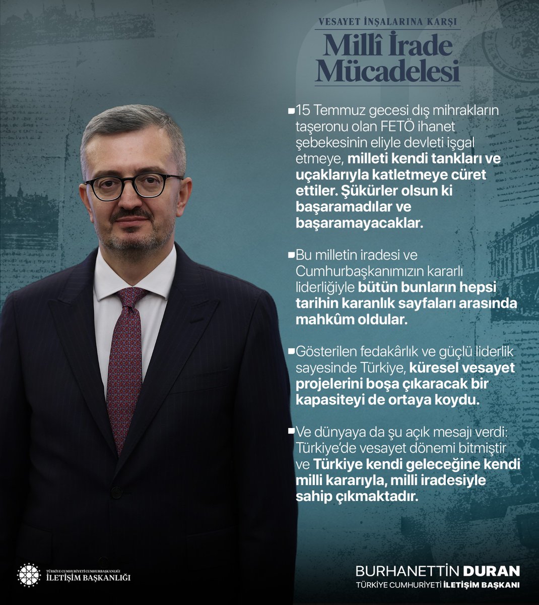 fikrimvarcom's tweet photo. İletişim Başkanı Burhanettin Duran (@burhanduran):

"15 Temmuz'da FETÖ ihanet şebekesi devleti işgal etmeye, milleti kendi tankları ve uçaklarıyla katletmeye cüret ettiler. Şükürler olsun ki başaramadılar ve başaramayacaklar"   

📍Vesayet İnşalarına Karşı Milli İrade Mücadelesi https://t.co/X7OxiQoolP
