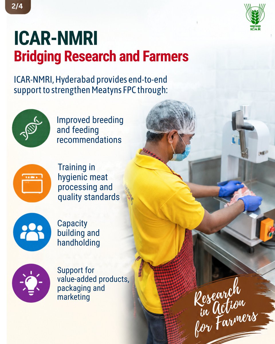 icarindia's tweet photo. ICAR-NMRI is transforming scientific knowledge into enterprise! Meatyns FPC now reaches 1,100 farmers, generates 55 jobs and ₹11.50 crore annual turnover.#ICAR @ChouhanShivraj @mpbhagirathbjp @RNK_Thakur @PIB_India @AgriGoI @mygovindia https://t.co/AkfpZkwjqE