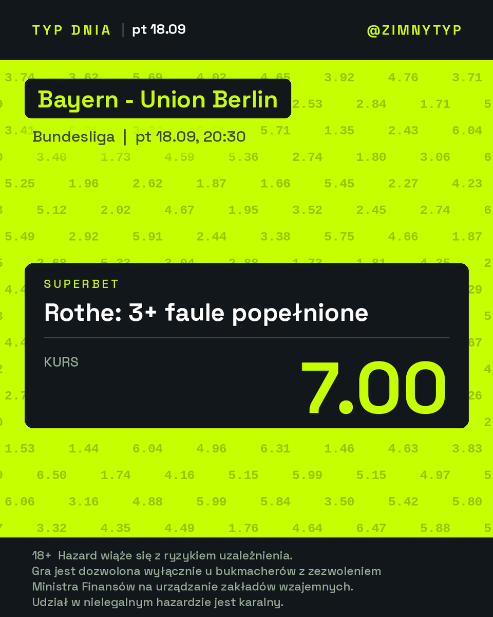 zimnytyp's tweet photo. Bayern - Union pt 20:30

Olise przez dwa sezony z rzędu był trzecim najczęściej faulowanym zawodnikiem ligi. Po tej stronie boiska stoi Tom Rothe. Union na wyjeździe prawdopodobnie będzie bronił się przez całe spotkanie.

Zdecydowałem się więc pójść w kierunku fauli.
#Bundesliga https://t.co/dOdyaazd5V