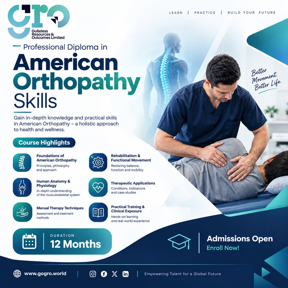 Groeducation's tweet photo. 🎓 Professional Diploma in American Orthopathy Skills

🔹 Anatomy &amp; Physiology
🔹 Manual Therapy
🔹 Rehabilitation
🔹 Therapeutic Applications
🔹 Practical Training

🎯 Learn. Practice. Grow.

🌐 https://t.co/jipCsmDAIX⁠

#AmericanOrthopathy #HolisticWellness #GRO https://t.co/EgF5Nl71zE