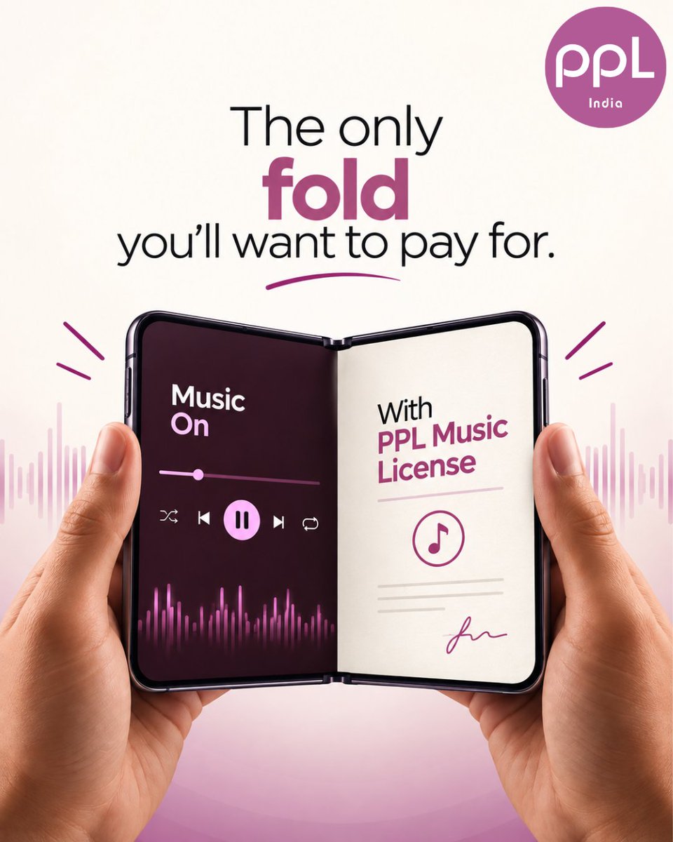 pplindia's tweet photo. Fold the phone. Not the rules. 😉
Play the music your customers love, the right way. Get your PPL Music License and keep the music on. 🎵💜

#PPLIndia #musiclicense #guiltfreelimitlessmusic #iPhoneFold #iPhone18ProMax #trendingnow #memes https://t.co/ChluT4it2u