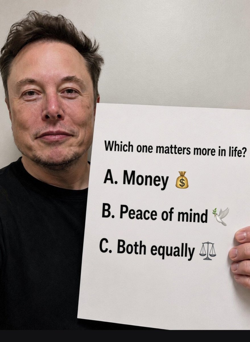 HonestTakesX's tweet photo. Quick poll 🚨
Which one matters more in life?

A. Money 💰
B. Peace of mind 🕊️
C. Both equally ⚖️ https://t.co/7Y5ELALWqY