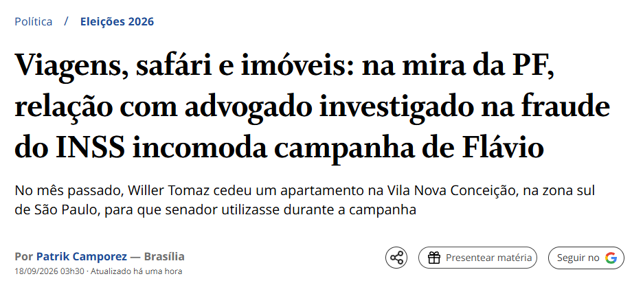 delucca's tweet photo. a manchete é de uma desfaçatez tremenda: o suposto incomodo da campanha do Flávio Bolsonaro é o que menos importa. a relação de Flávio - claramente muito íntima - com um dos principais fraudadores do INSS é que escandalosa e deve ser investigada https://t.co/4nu6nI2pNb