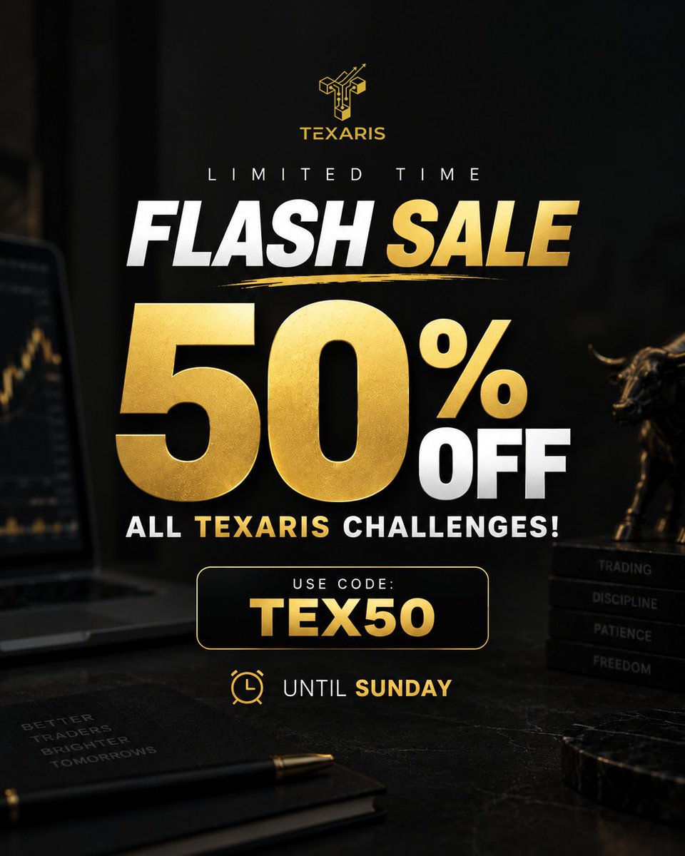 texarisofficial's tweet photo. 🚨 HALF PRICE! 50% OFF On All Accounts! 🚨

Texaris biggest sale is LIVE! 

For a limited time, get 50% OFF on all Texaris challenges with code:

🎁 TEX50 ⟶ 50% OFF!

⏳ Offer ends Sunday. Don’t miss it! 

Whether you’re looking to start a new challenge or take your trading to the next level, now is the time.