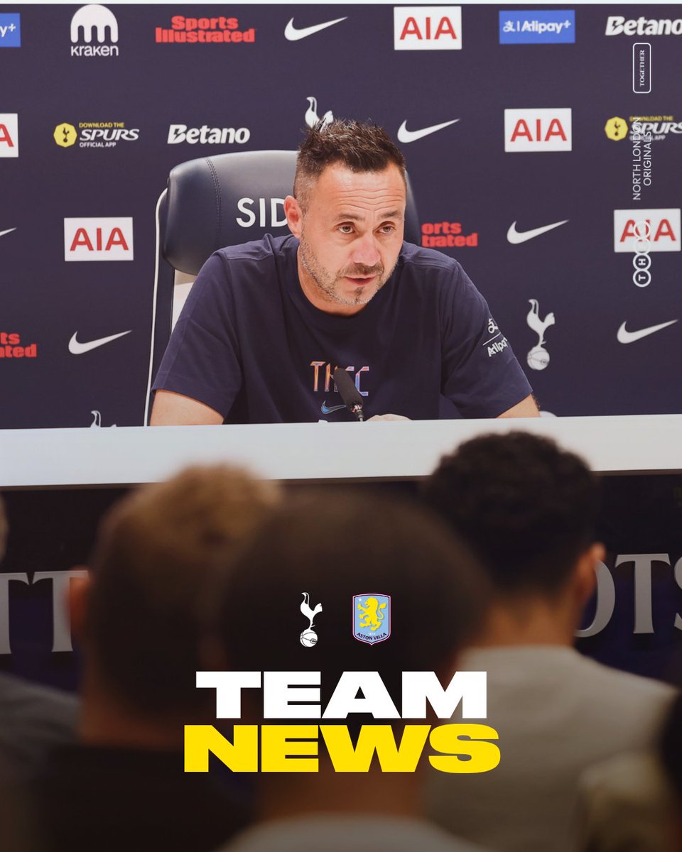 SpursOfficial's tweet photo. Roberto De Zerbi updates on the availability of Pedro Porro, Sandro Tonali and James Maddison ahead of tomorrow's clash with Aston Villa.

📲 https://t.co/7yLInkGXIx https://t.co/MAGe1Y7AGy